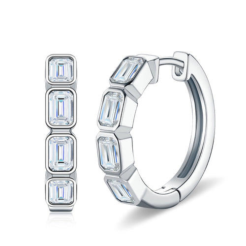 Baguetta Moissanite Huggie Hoop Earrings in Sterling Silver