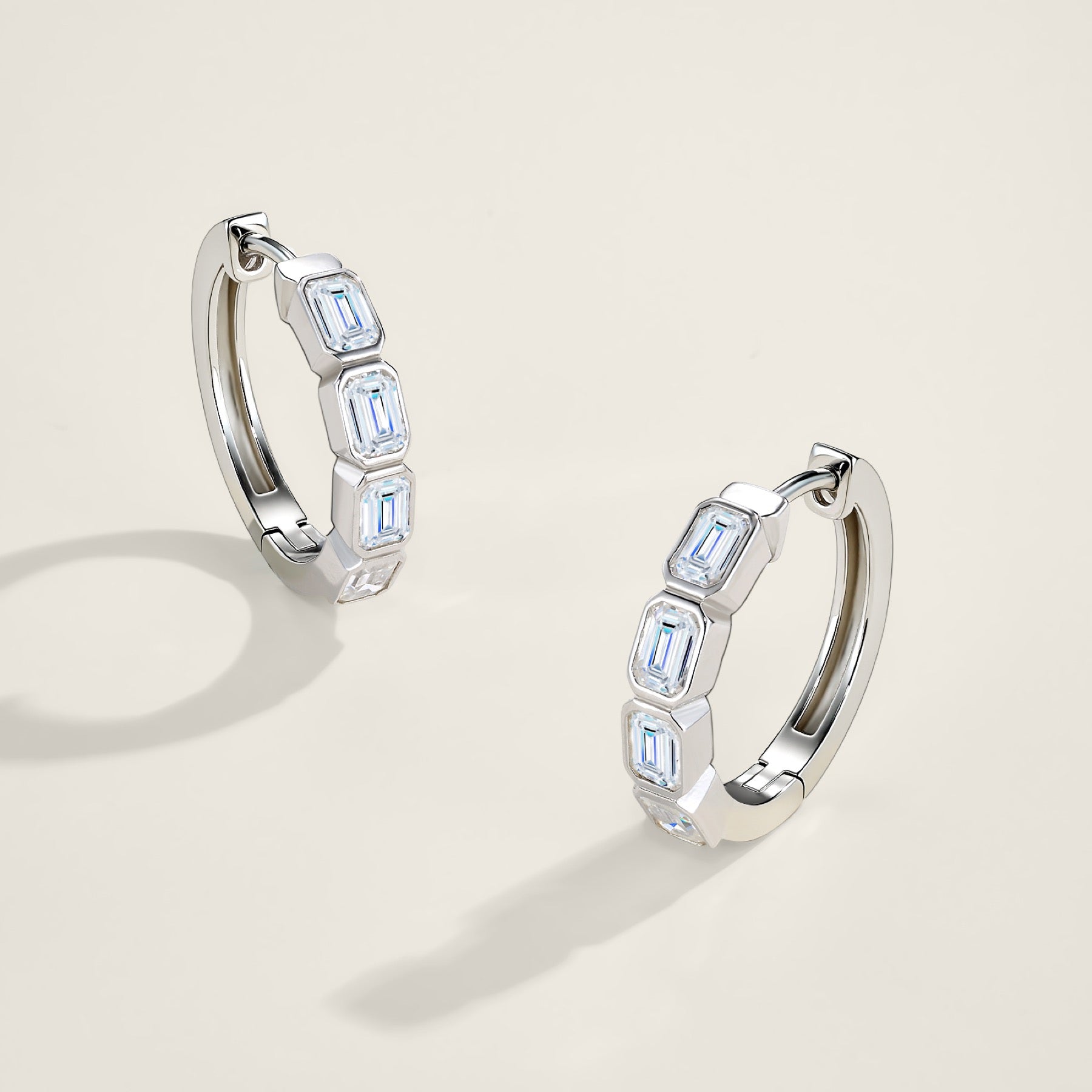 Baguetta Moissanite Huggie Hoop Earrings in Sterling Silver