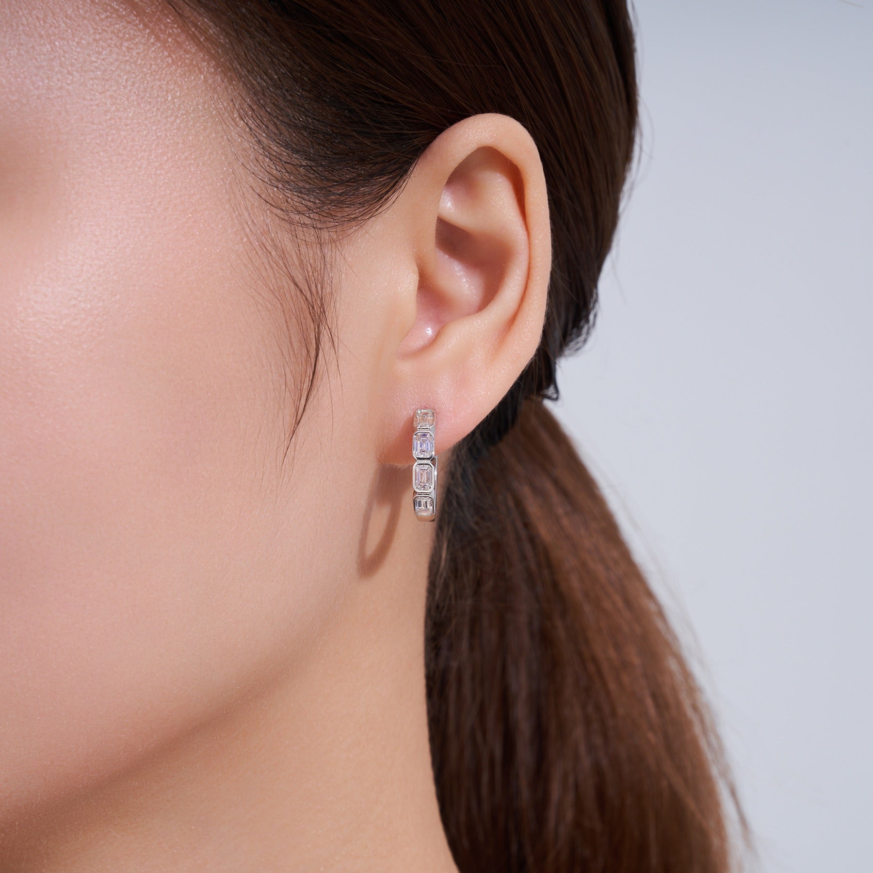 Baguetta Moissanite Huggie Hoop Earrings in Sterling Silver