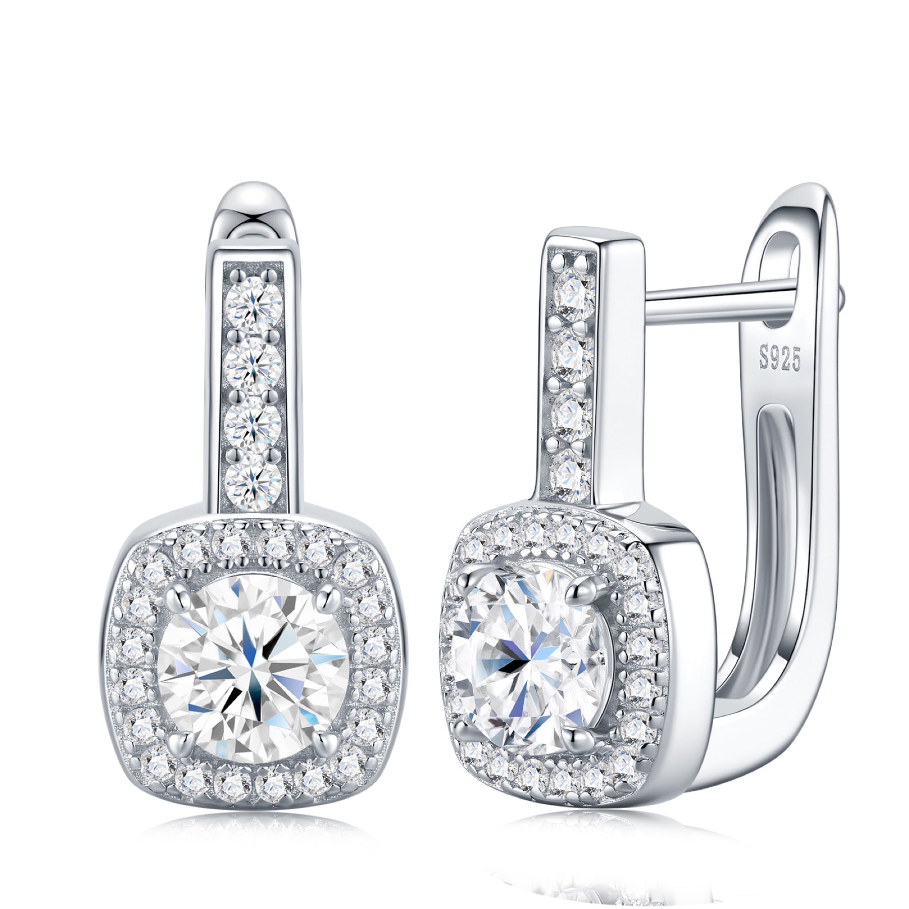 Riquadretto Moissanite Halo Drop Earrings in Sterling Silver