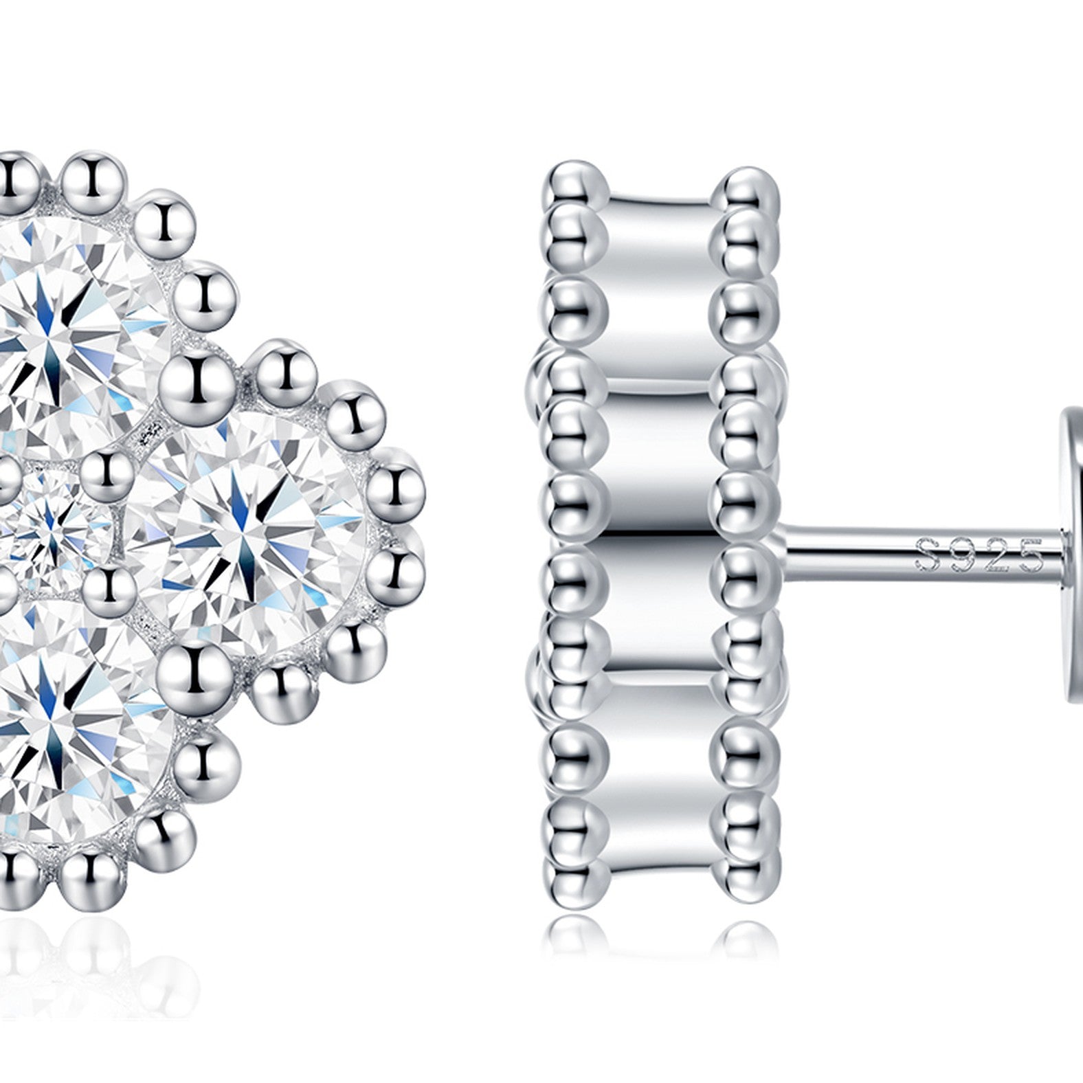 Rosetta Moissanite Flower Stud Earrings in Sterling Silver — detail