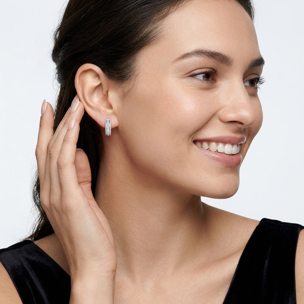 Binata Moissanite Huggie Hoop Earrings in Sterling Silver