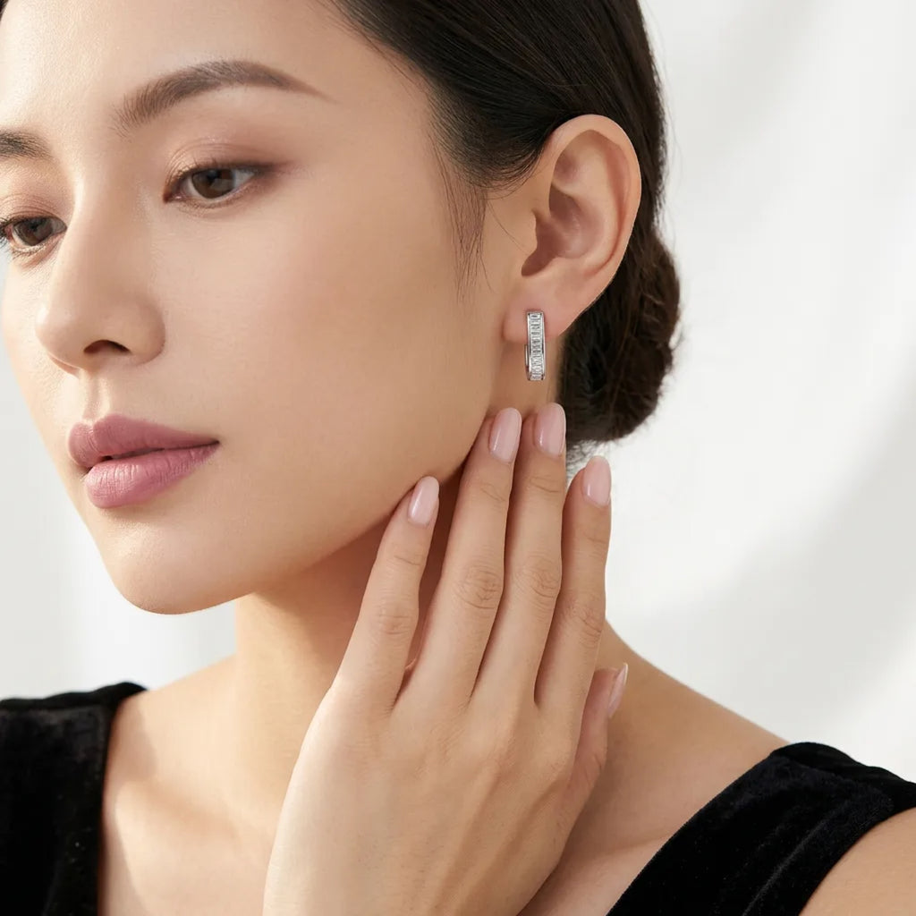 Canalino Moissanite Huggie Hoop Earrings in Sterling Silver