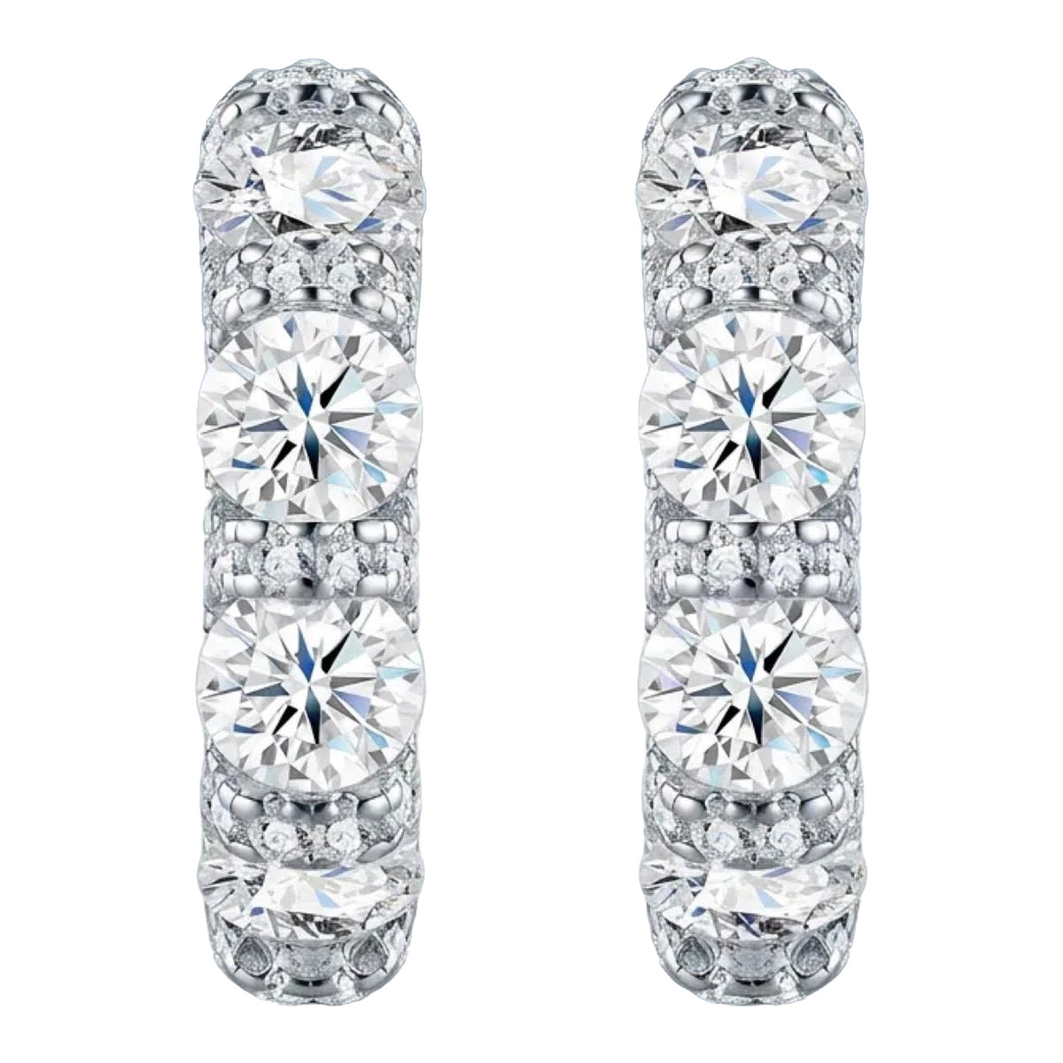 Alternino Moissanite Huggie Hoop Earrings in Sterling Silver, product photo on white background