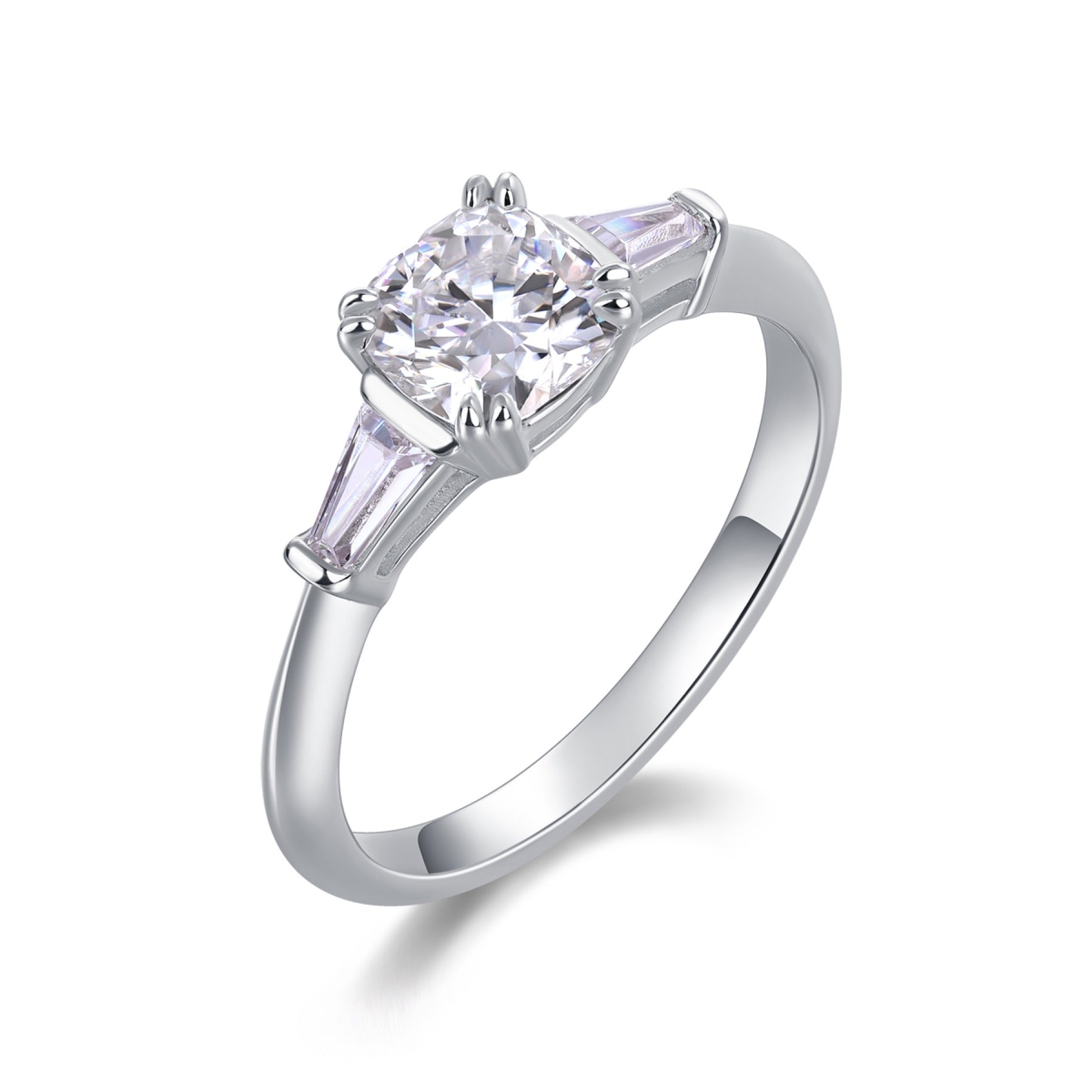 Destiny Cushion-Cut Moissanite Three-Stone Ring in Sterling Silver