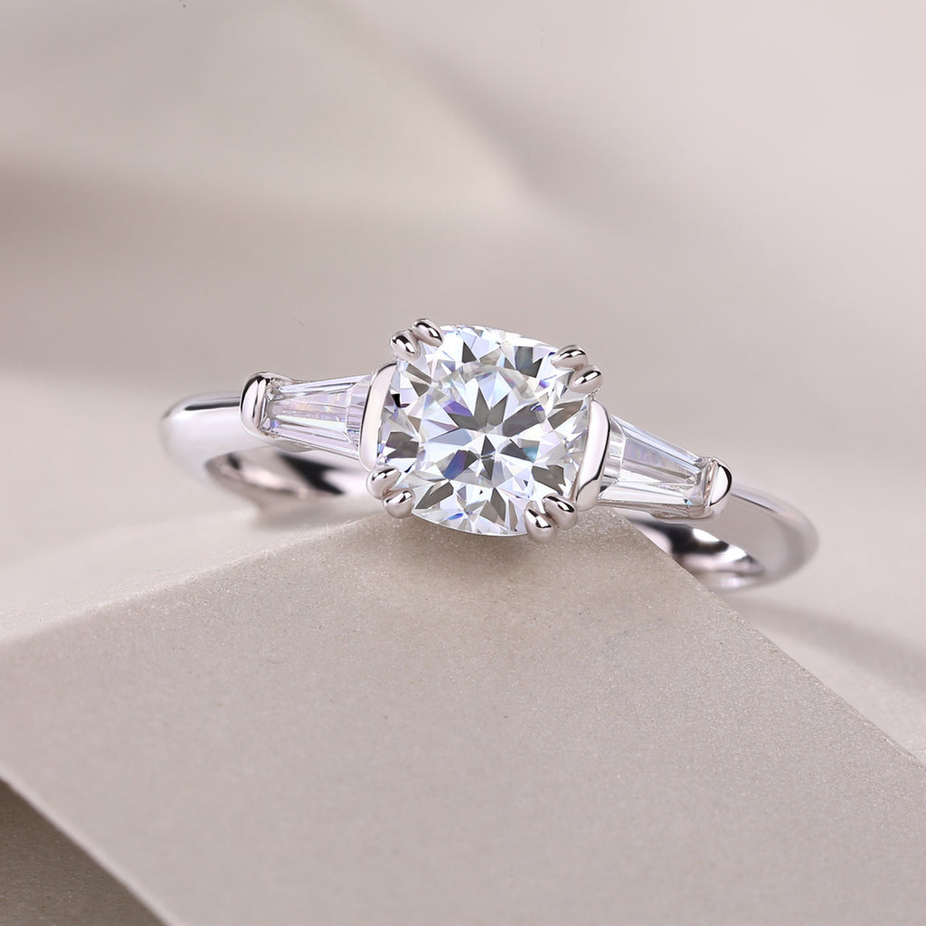 Destiny Cushion-Cut Moissanite Three-Stone Ring in Sterling Silver