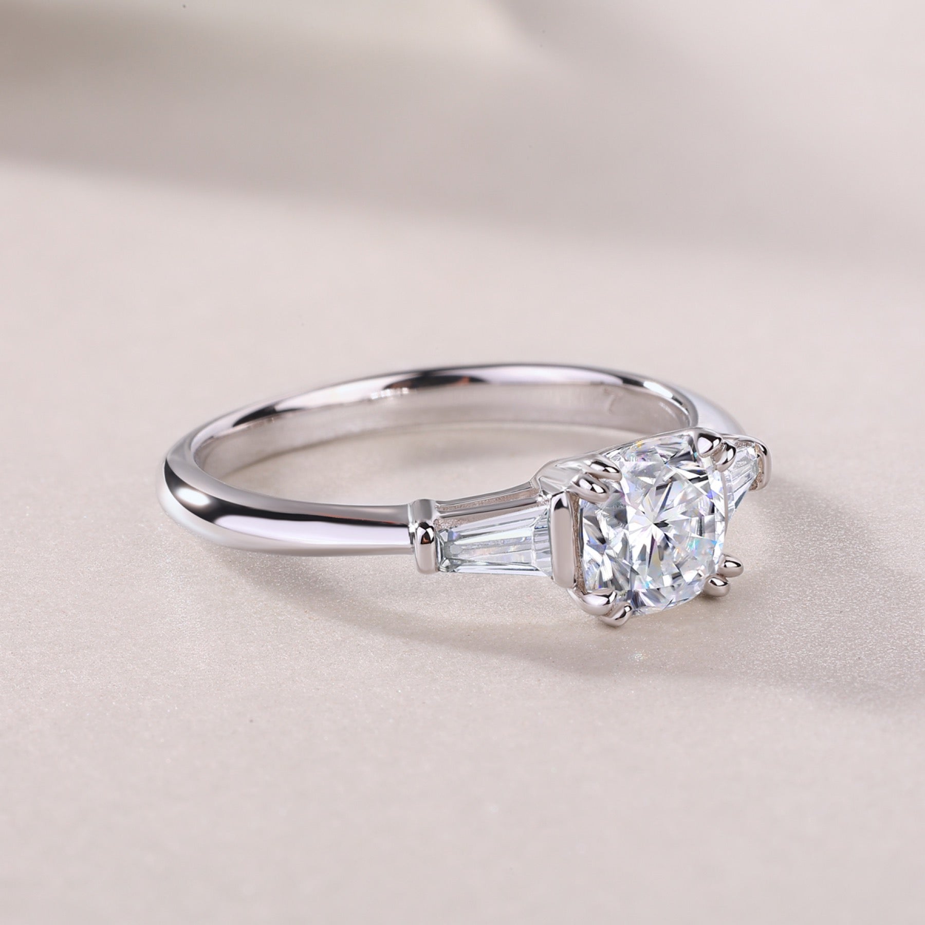 Destiny Cushion-Cut Moissanite Three-Stone Ring in Sterling Silver