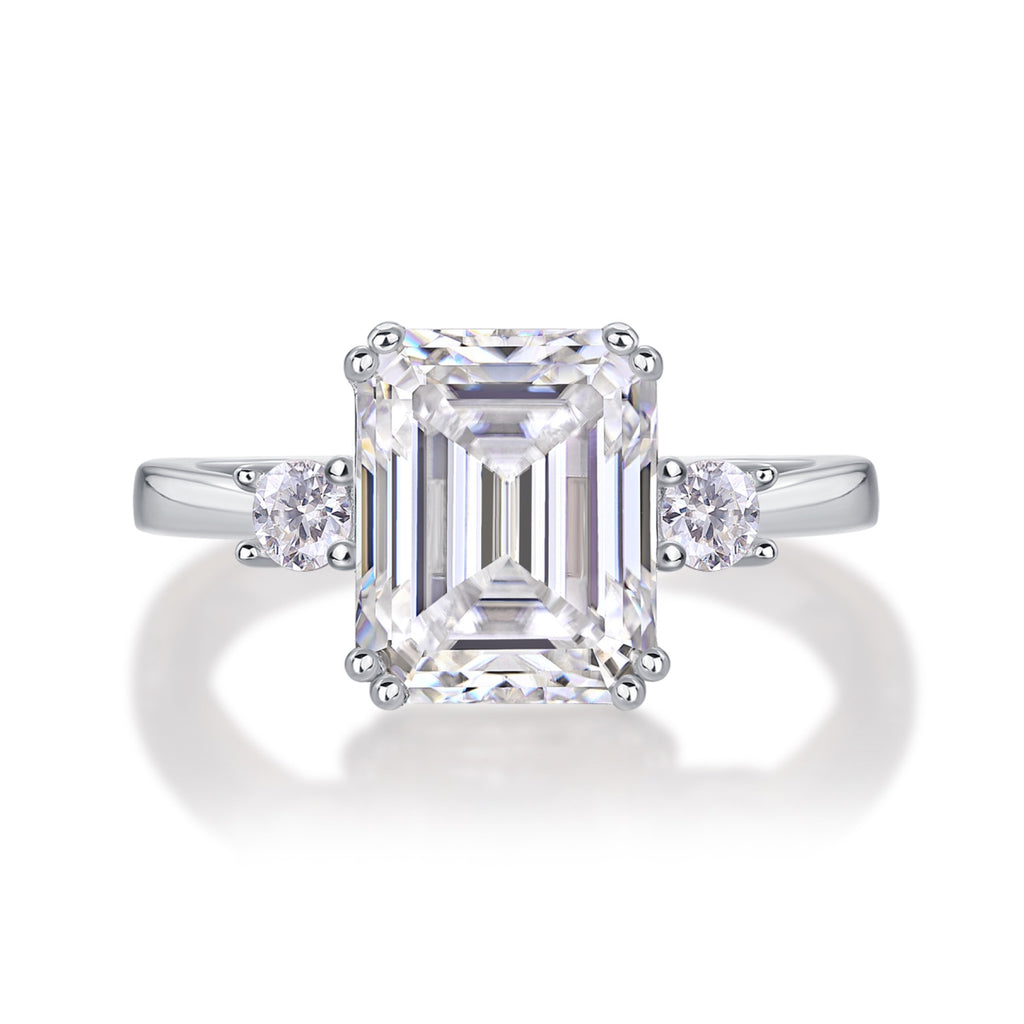 Token Emerald-Cut Moissanite Three-Stone Ring in Sterling Silver