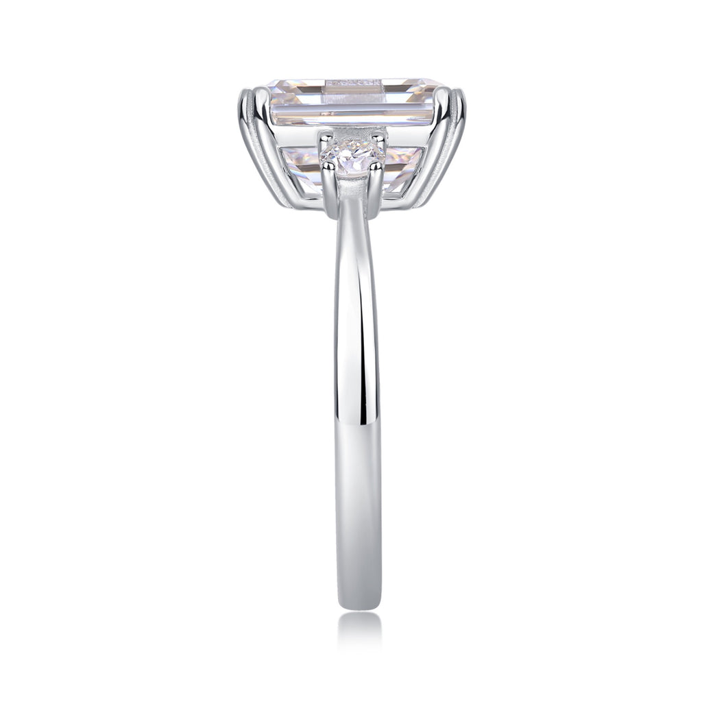 Token Emerald-Cut Moissanite Three-Stone Ring in Sterling Silver