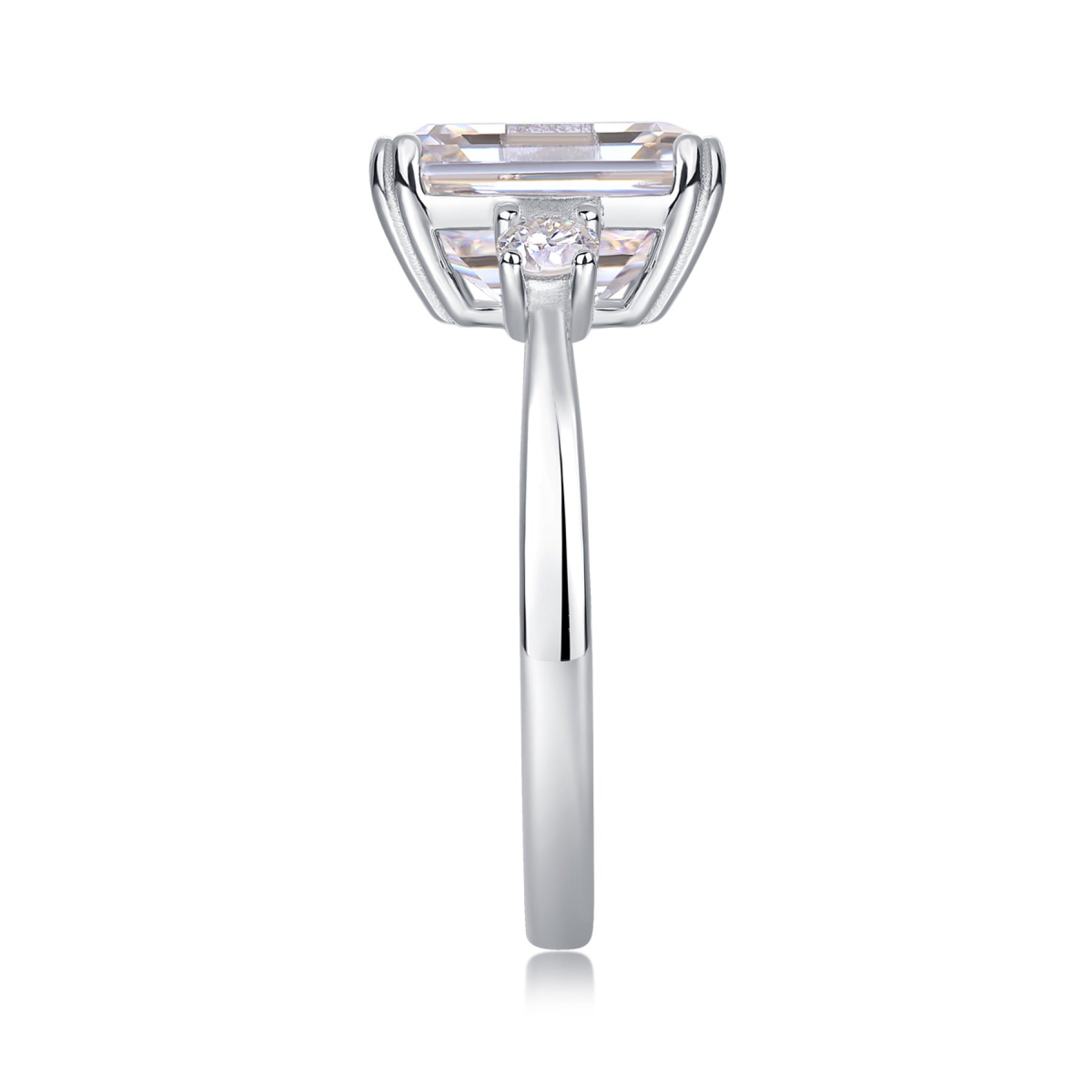 Token Emerald-Cut Moissanite Three-Stone Ring in Sterling Silver