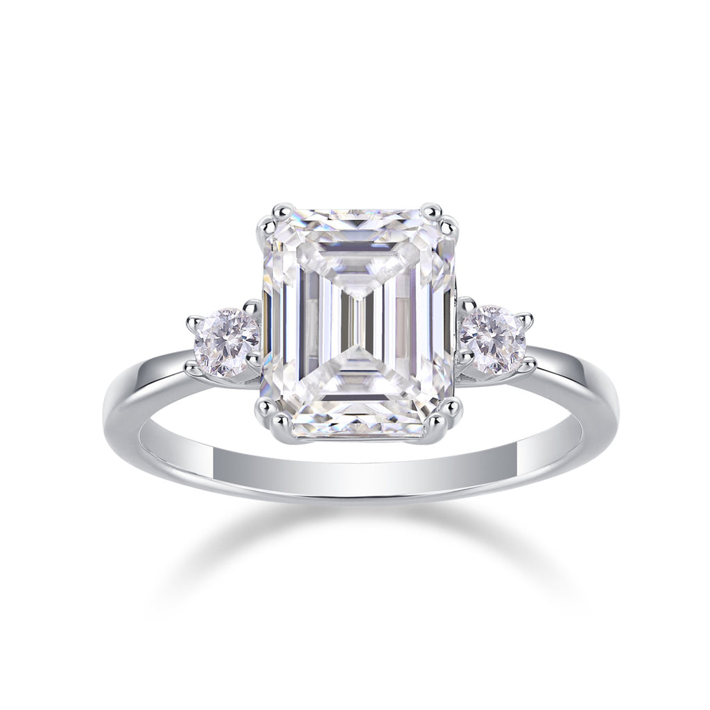 Token Emerald-Cut Moissanite Three-Stone Ring in Sterling Silver