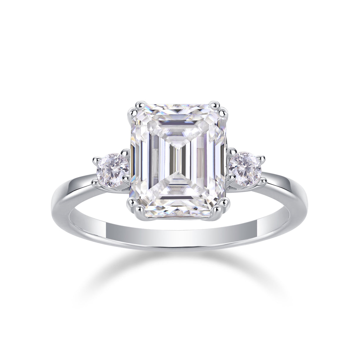 Token 4 Carat Emerald-Cut Moissanite Three-Stone Ring in Sterling Silver
