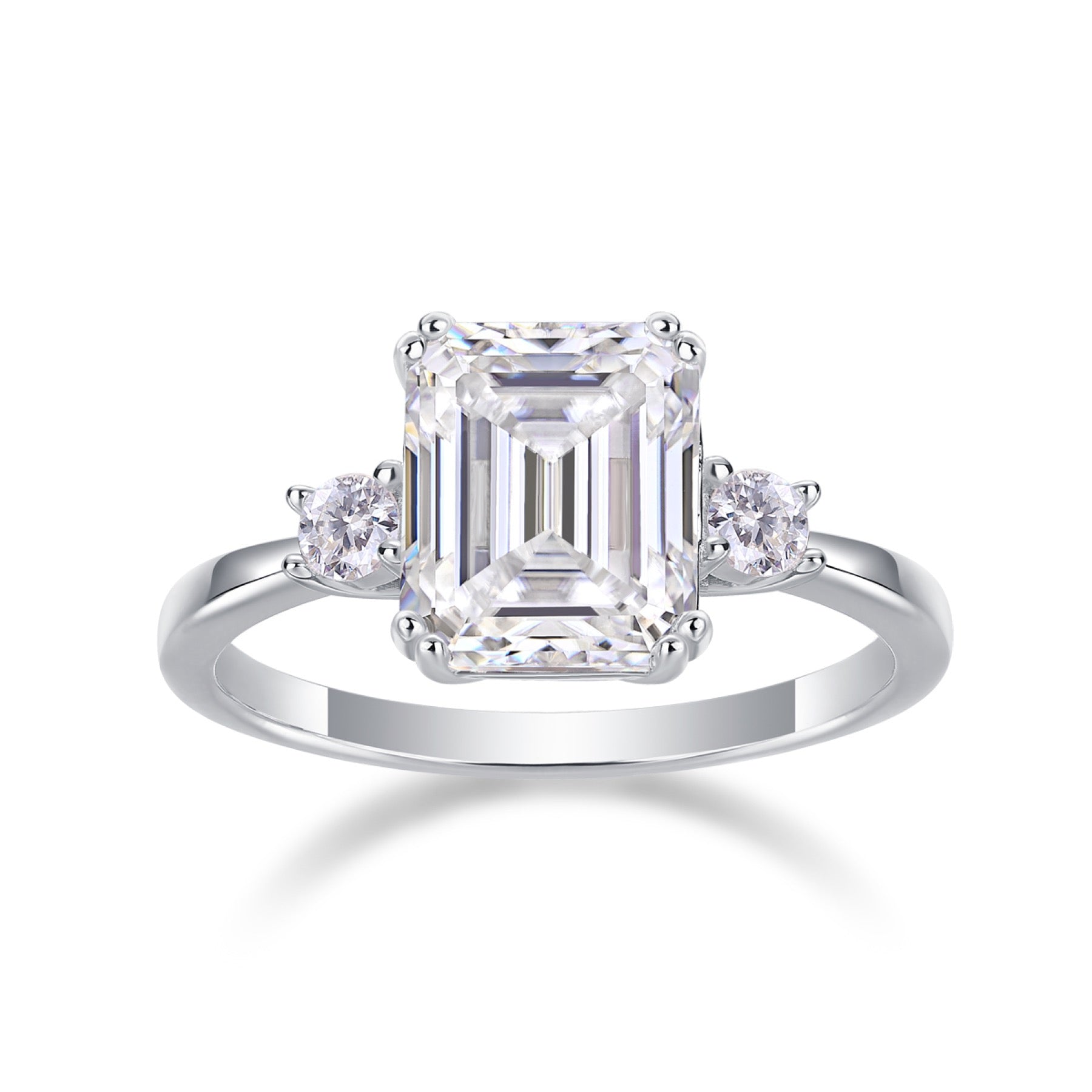 Token Emerald-Cut Moissanite Three-Stone Ring in Sterling Silver