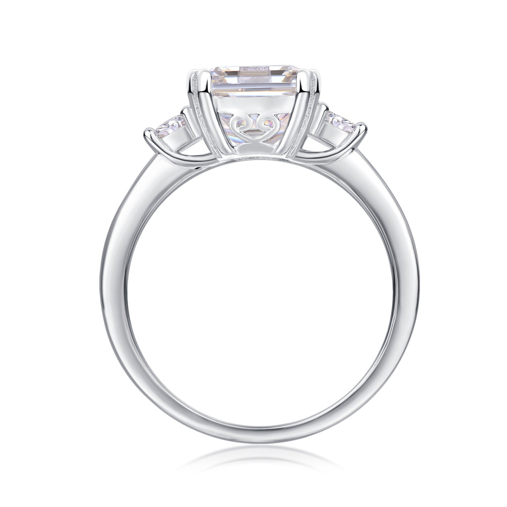 Token Emerald-Cut Moissanite Three-Stone Ring in Sterling Silver
