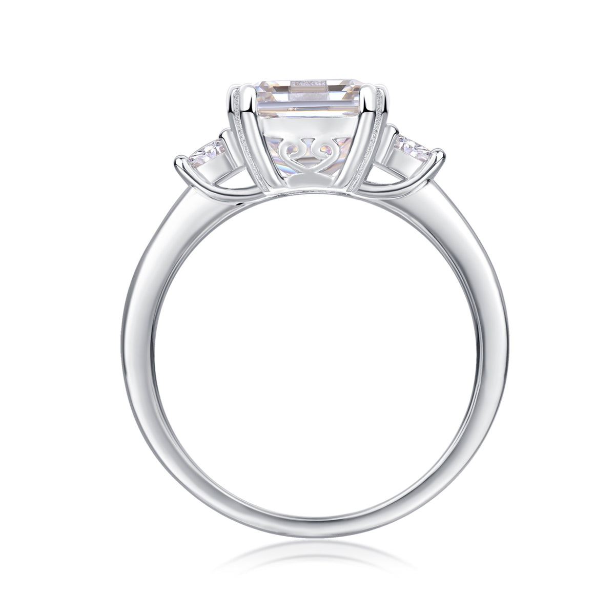 Token 4 Carat Emerald-Cut Moissanite Three-Stone Ring in Sterling Silver
