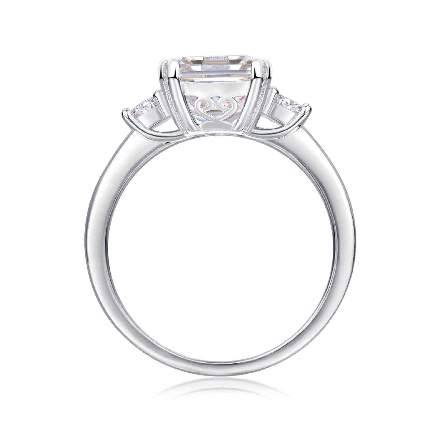 Token Emerald-Cut Moissanite Three-Stone Ring in Sterling Silver