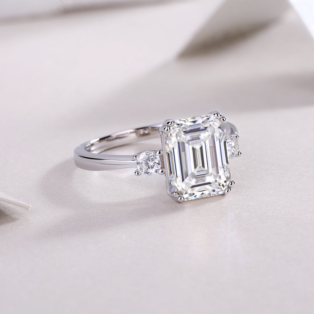 Token Emerald-Cut Moissanite Three-Stone Ring in Sterling Silver