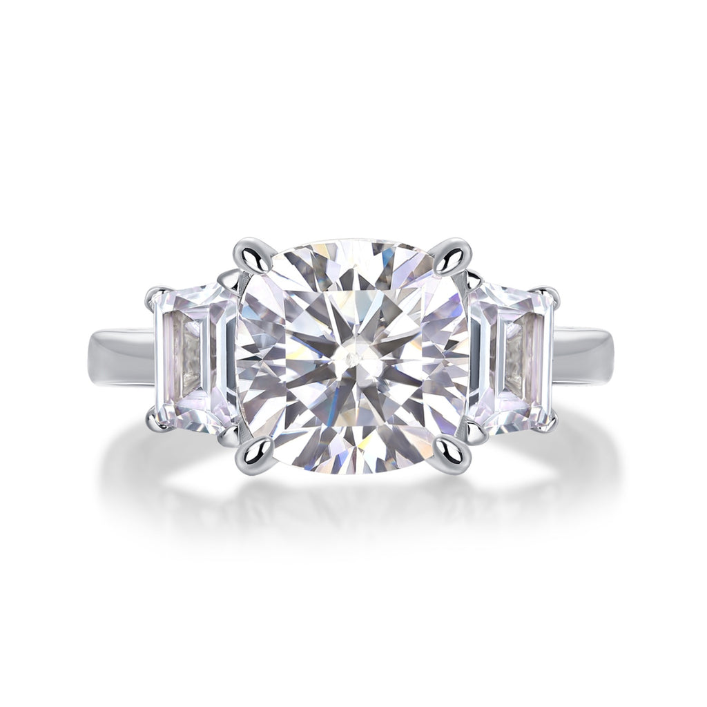 Seeker Cushion-Cut Moissanite Three-Stone Ring in Sterling Silver