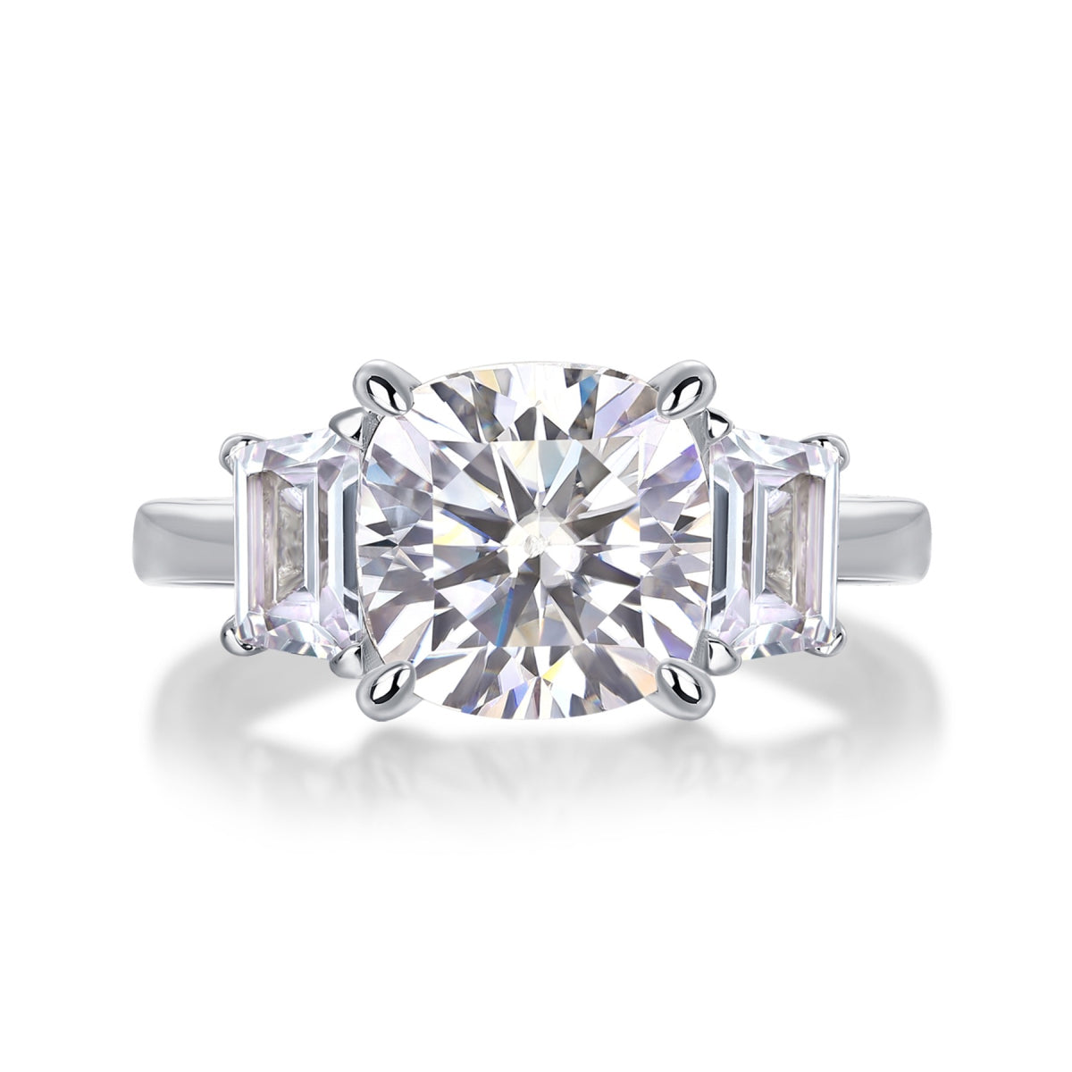 Seeker 3.5 Carat Cushion-Cut Moissanite Three-Stone Ring in Sterling Silver