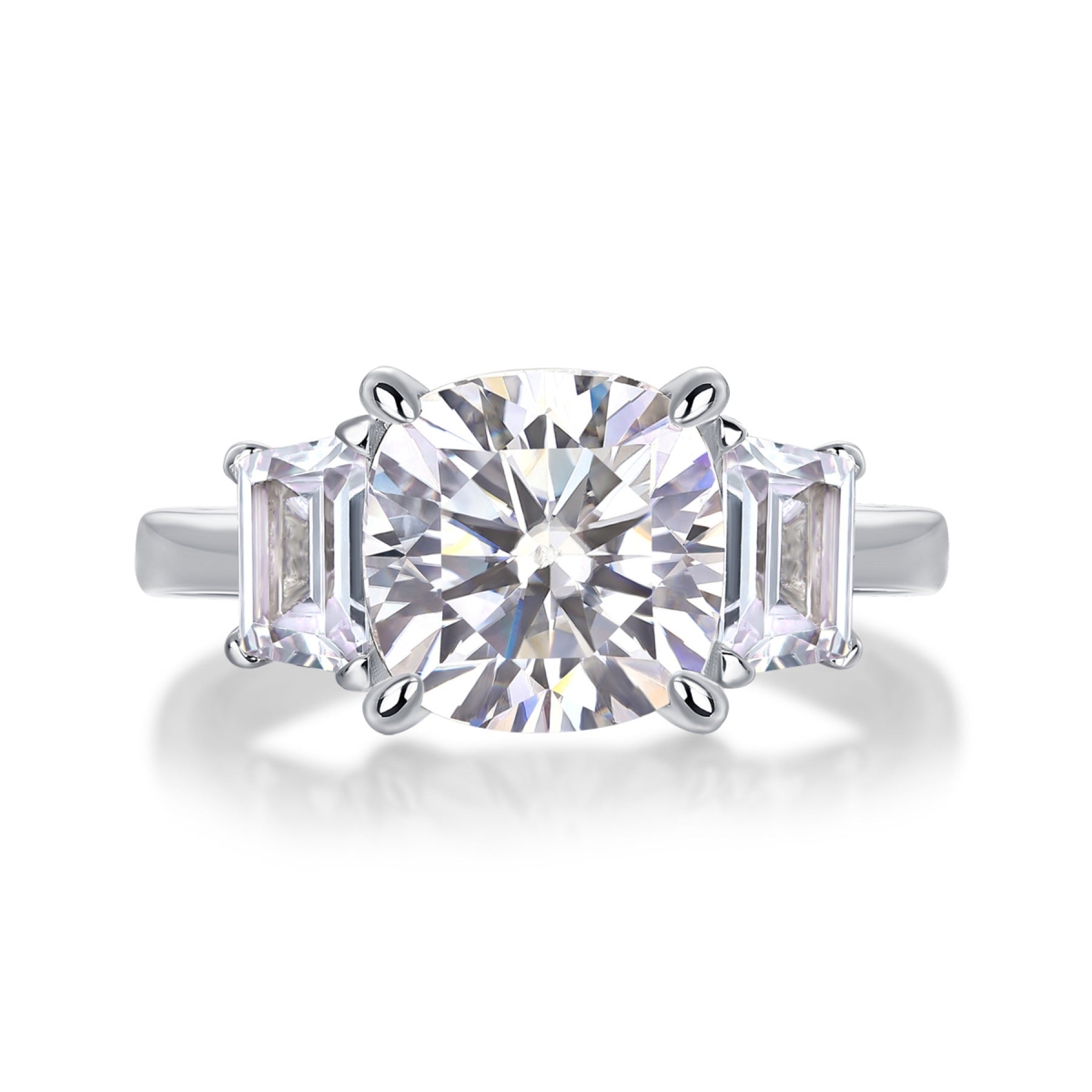 Seeker Cushion-Cut Moissanite Three-Stone Ring in Sterling Silver