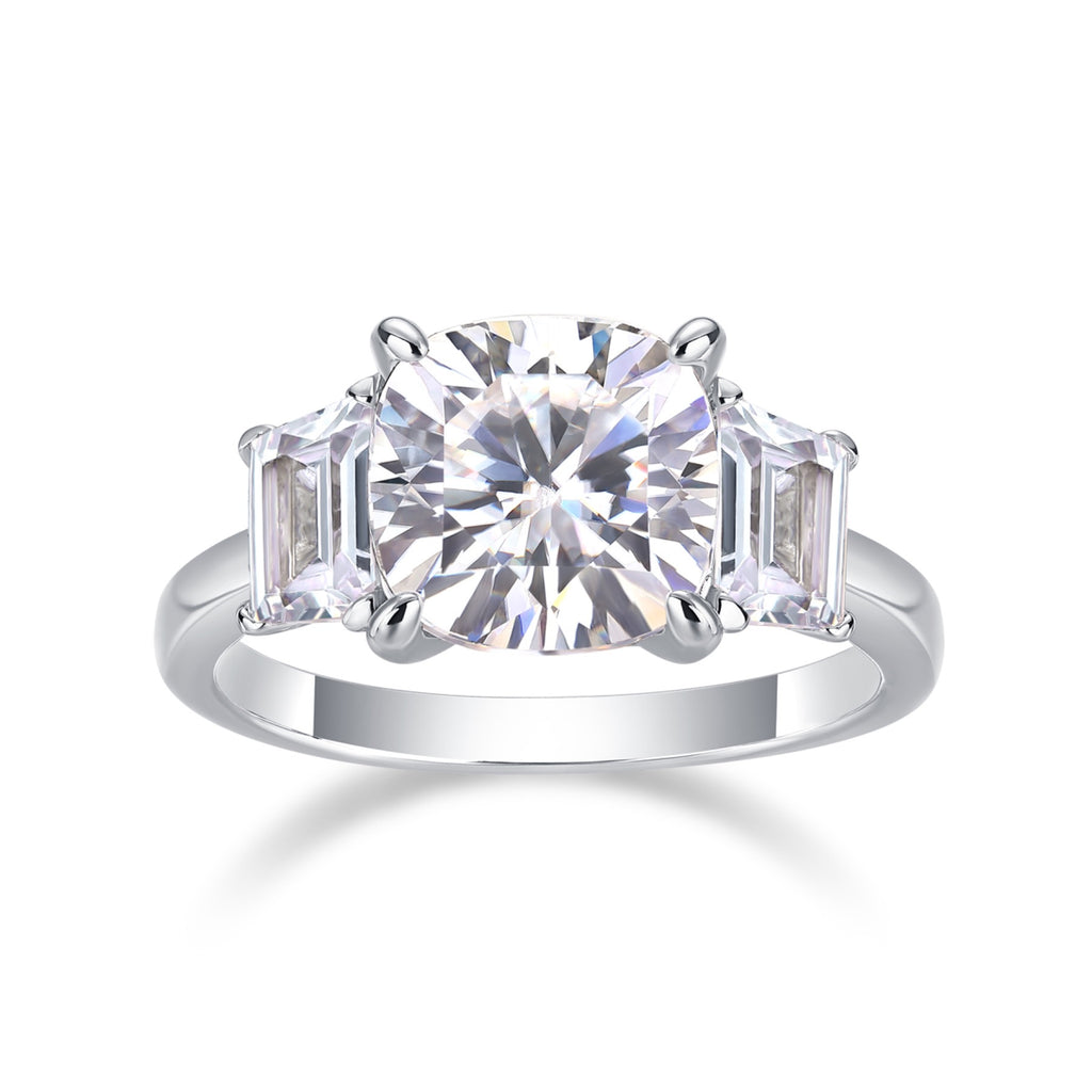 Seeker Cushion-Cut Moissanite Three-Stone Ring in Sterling Silver