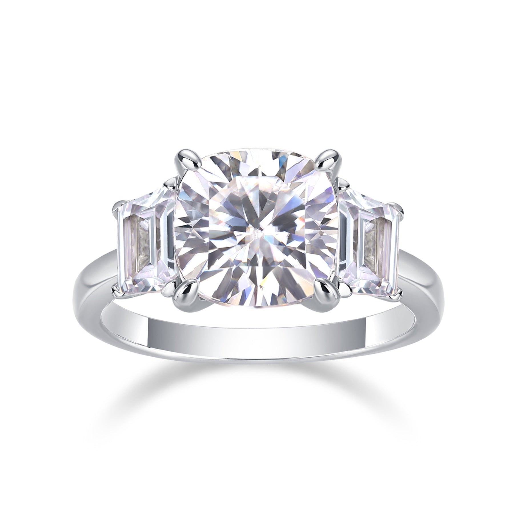 Seeker Cushion-Cut Moissanite Three-Stone Ring in Sterling Silver