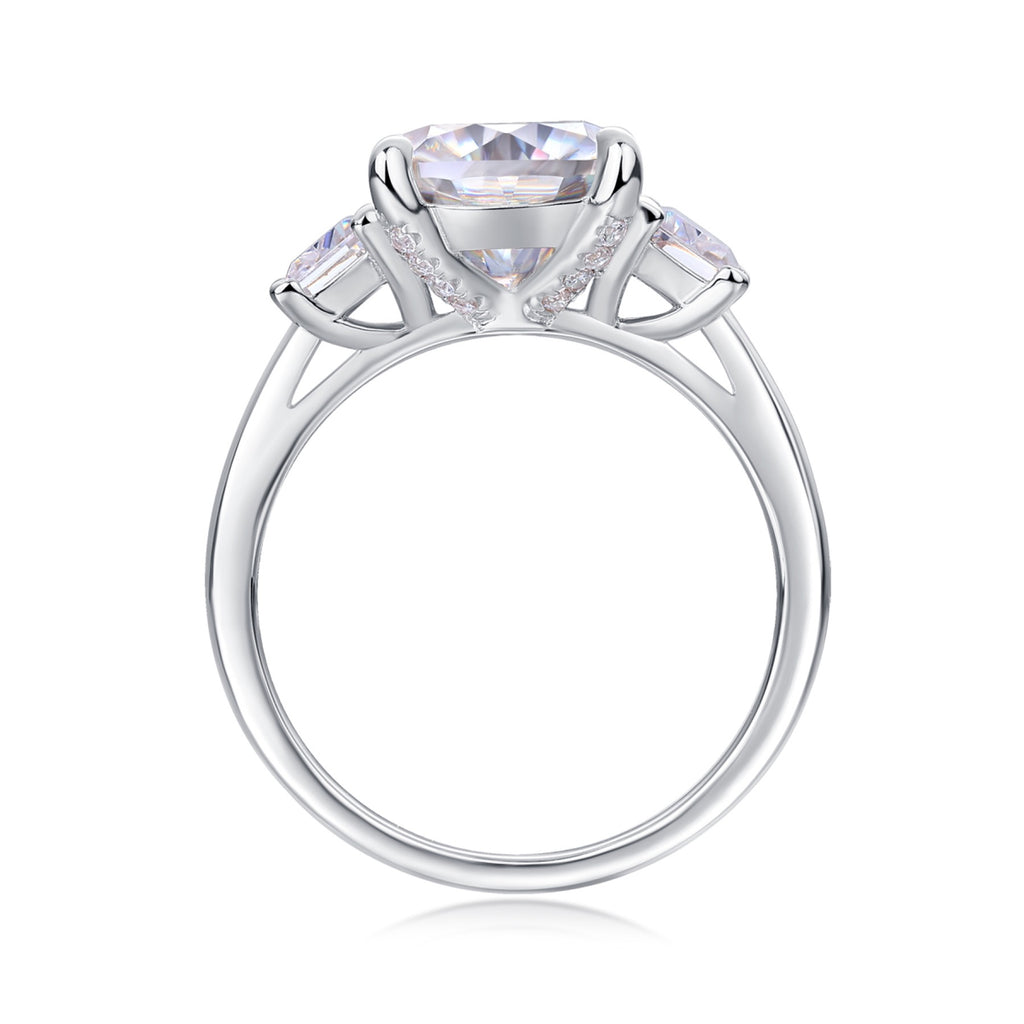Seeker Cushion-Cut Moissanite Three-Stone Ring in Sterling Silver