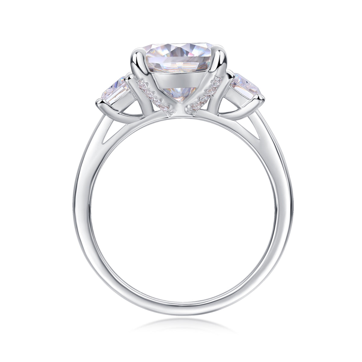 Seeker 3.5 Carat Cushion-Cut Moissanite Three-Stone Ring in Sterling Silver