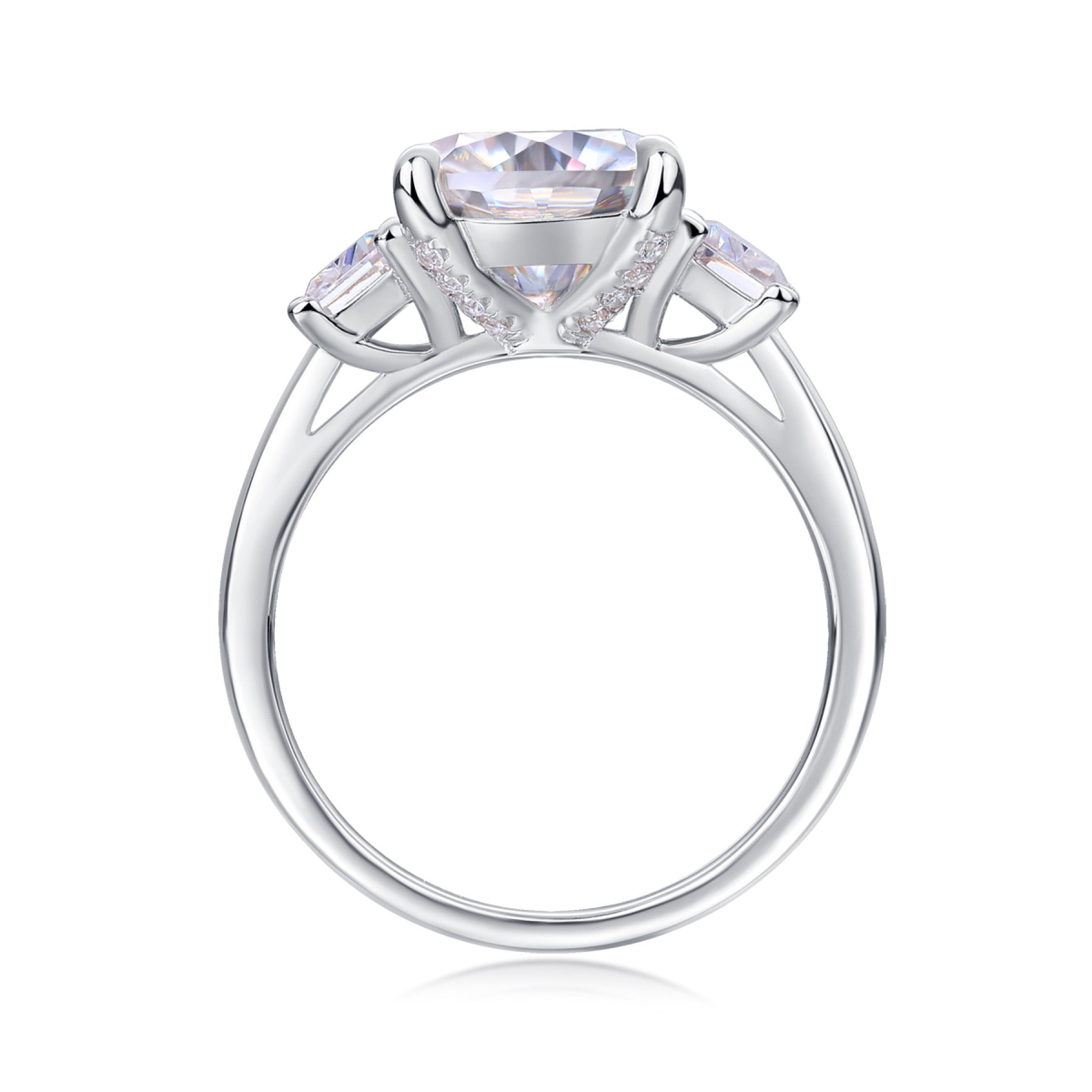 Seeker Cushion-Cut Moissanite Three-Stone Ring in Sterling Silver
