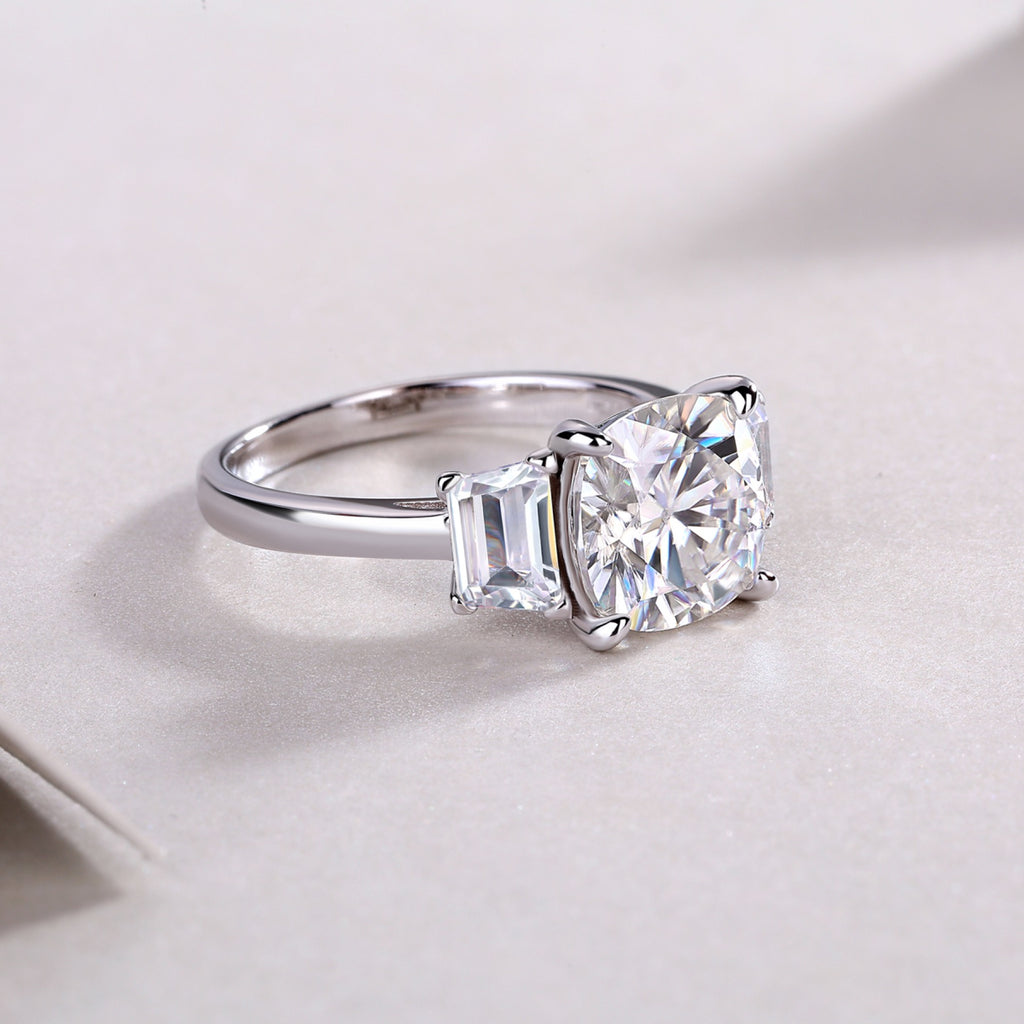 Seeker Cushion-Cut Moissanite Three-Stone Ring in Sterling Silver