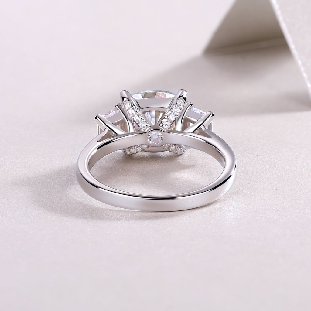 Seeker Cushion-Cut Moissanite Three-Stone Ring in Sterling Silver