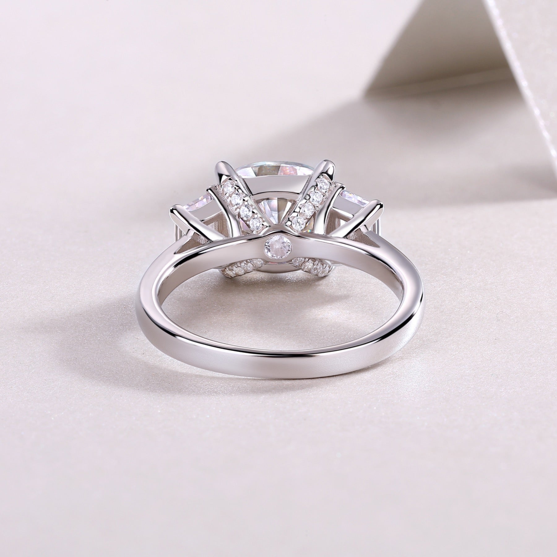 Seeker Cushion-Cut Moissanite Three-Stone Ring in Sterling Silver