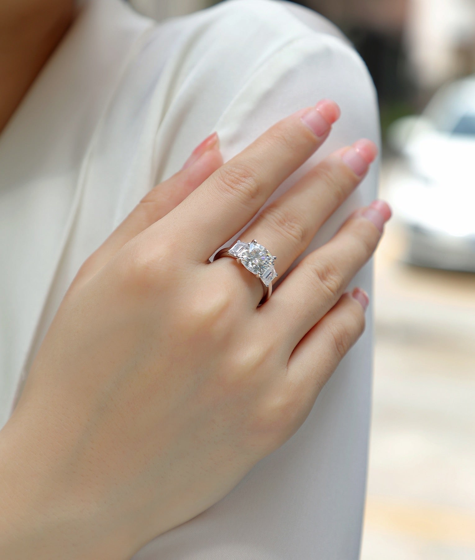 Seeker Cushion-Cut Moissanite Three-Stone Ring in Sterling Silver