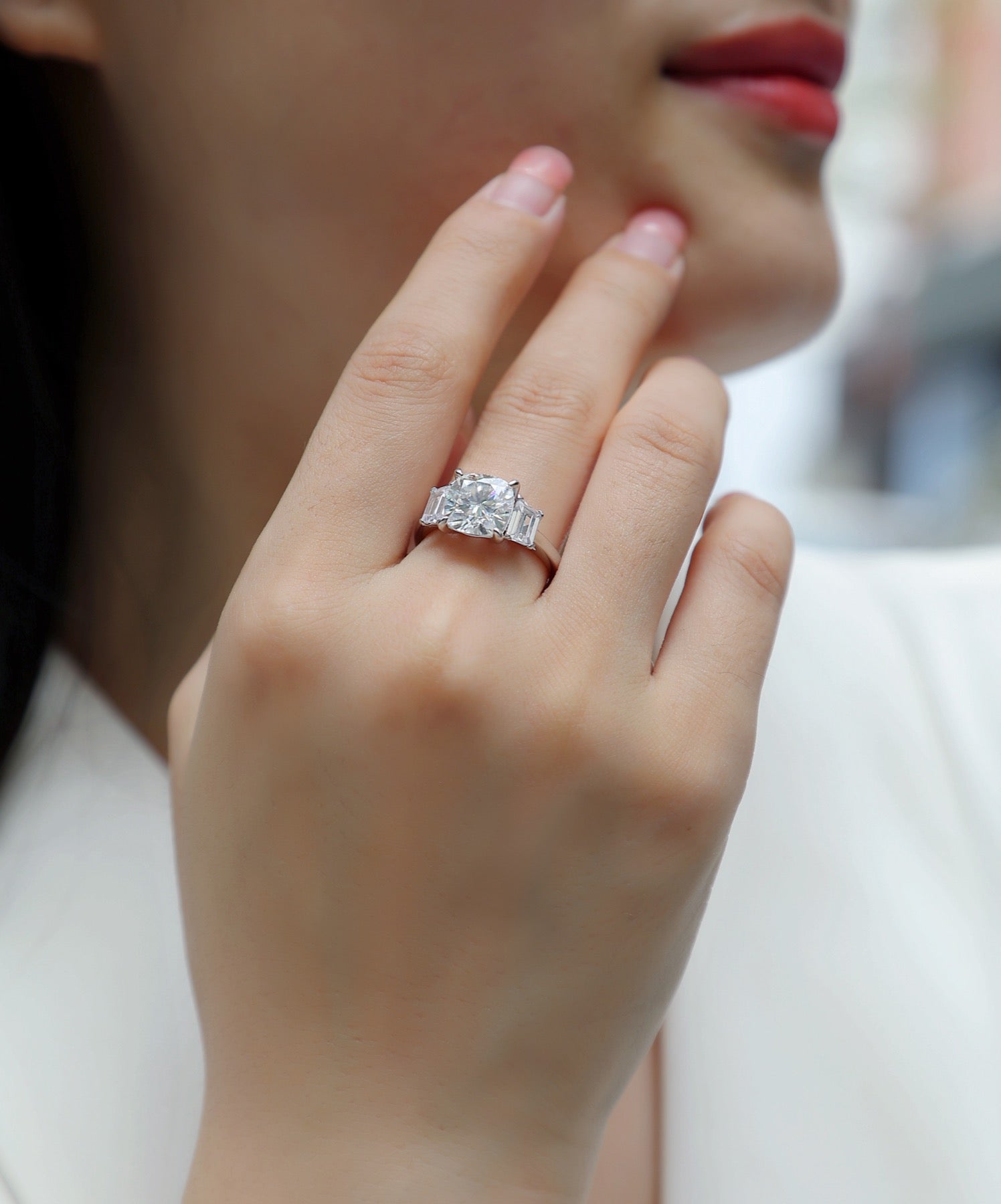 Seeker Cushion-Cut Moissanite Three-Stone Ring in Sterling Silver
