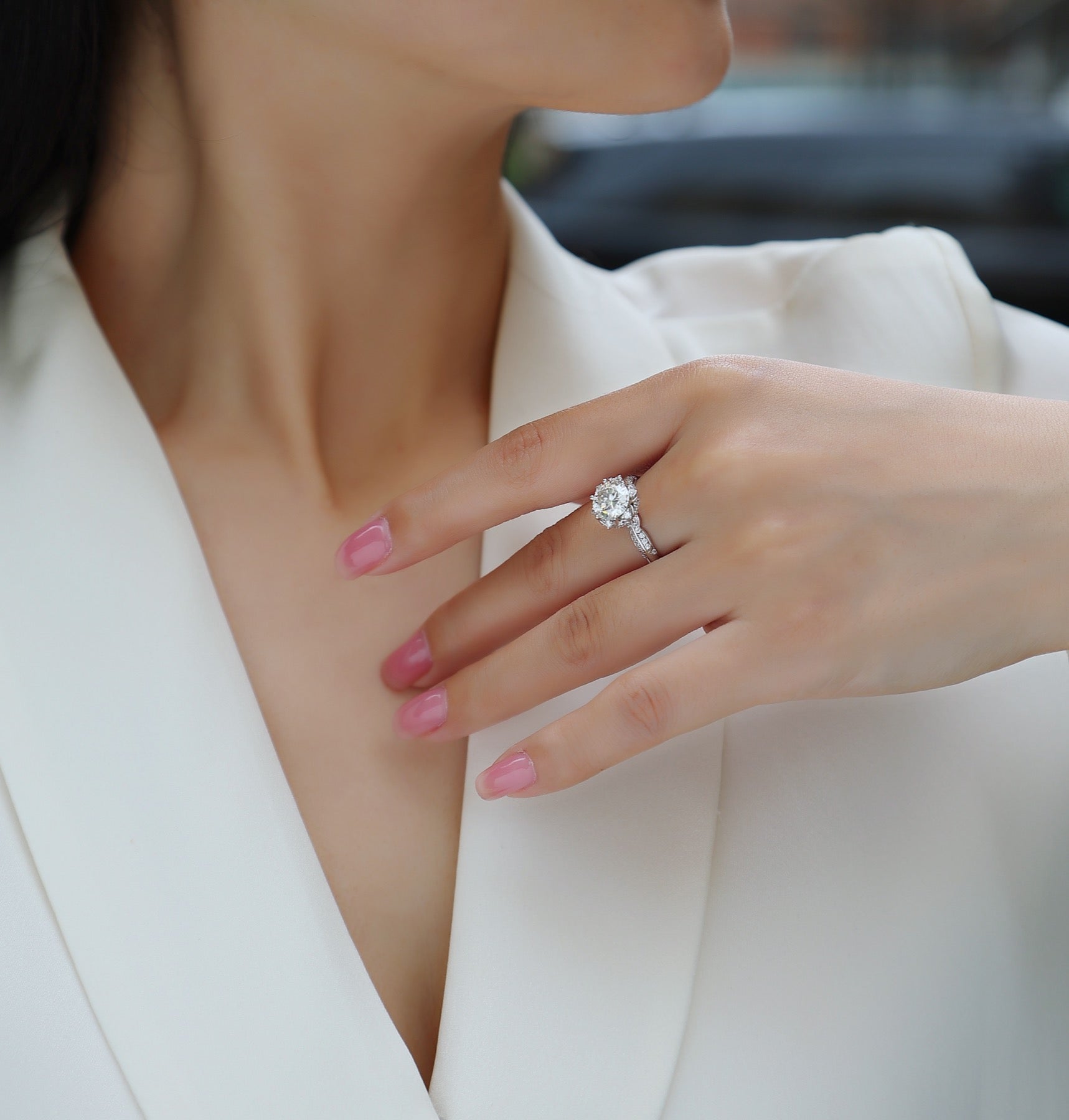 Encore 2 Carat Moissanite Halo Ring in Sterling Silver