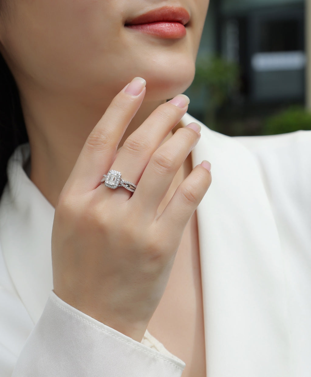 Daydream Emerald-Cut Moissanite Halo Ring in Sterling Silver