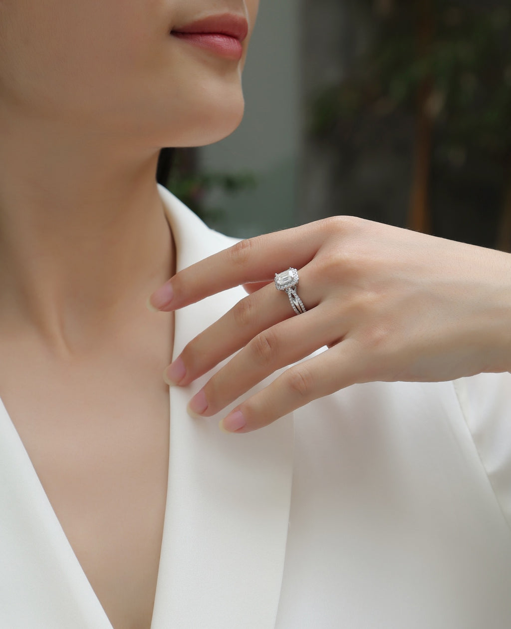 Daydream Emerald-Cut Moissanite Halo Ring in Sterling Silver