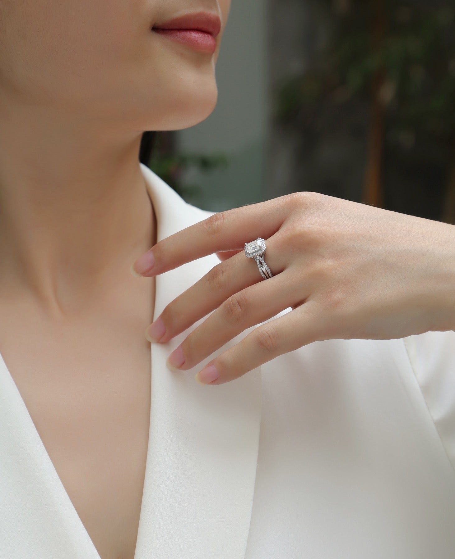 Daydream Emerald-Cut Moissanite Halo Ring in Sterling Silver
