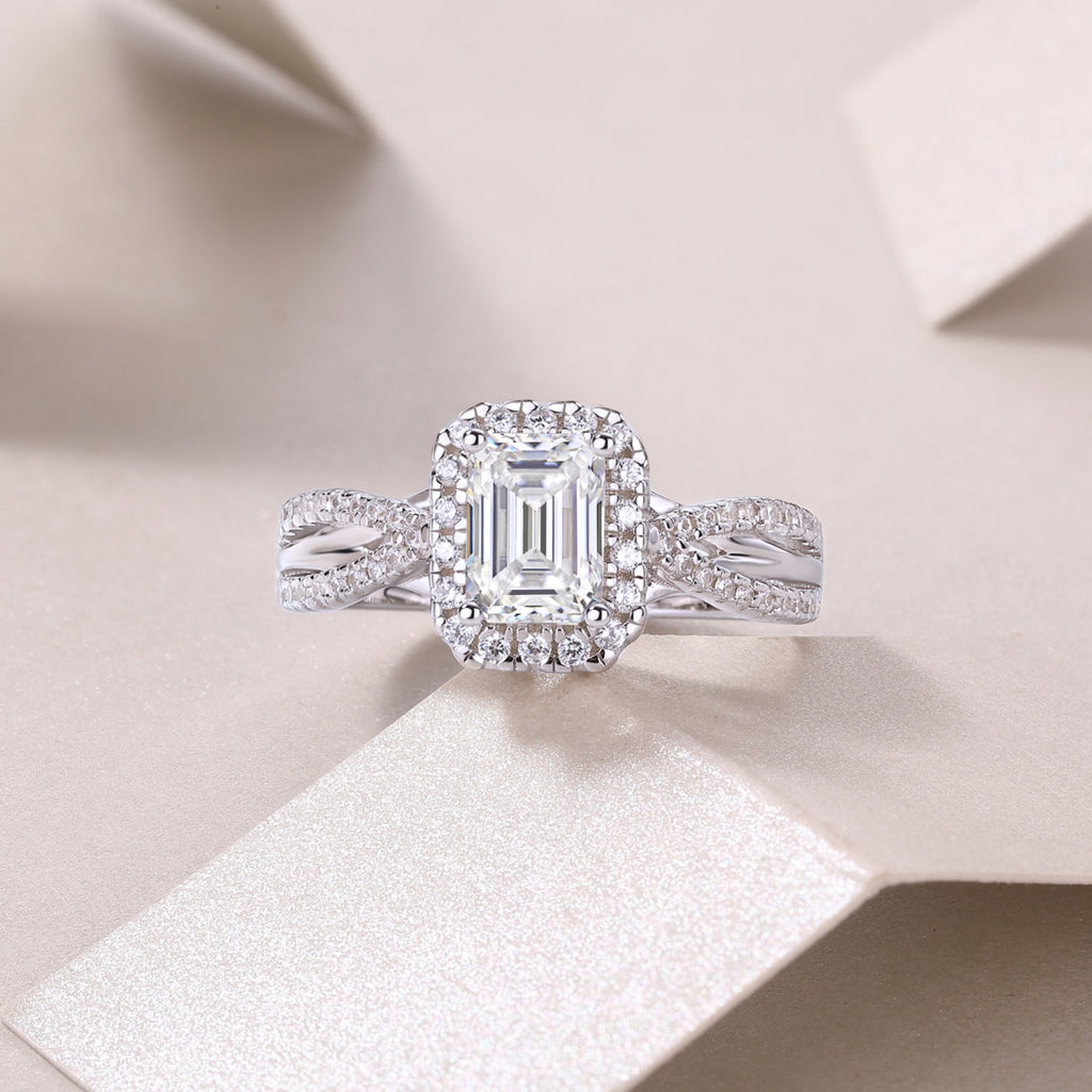 Daydream Emerald-Cut Moissanite Halo Ring in Sterling Silver
