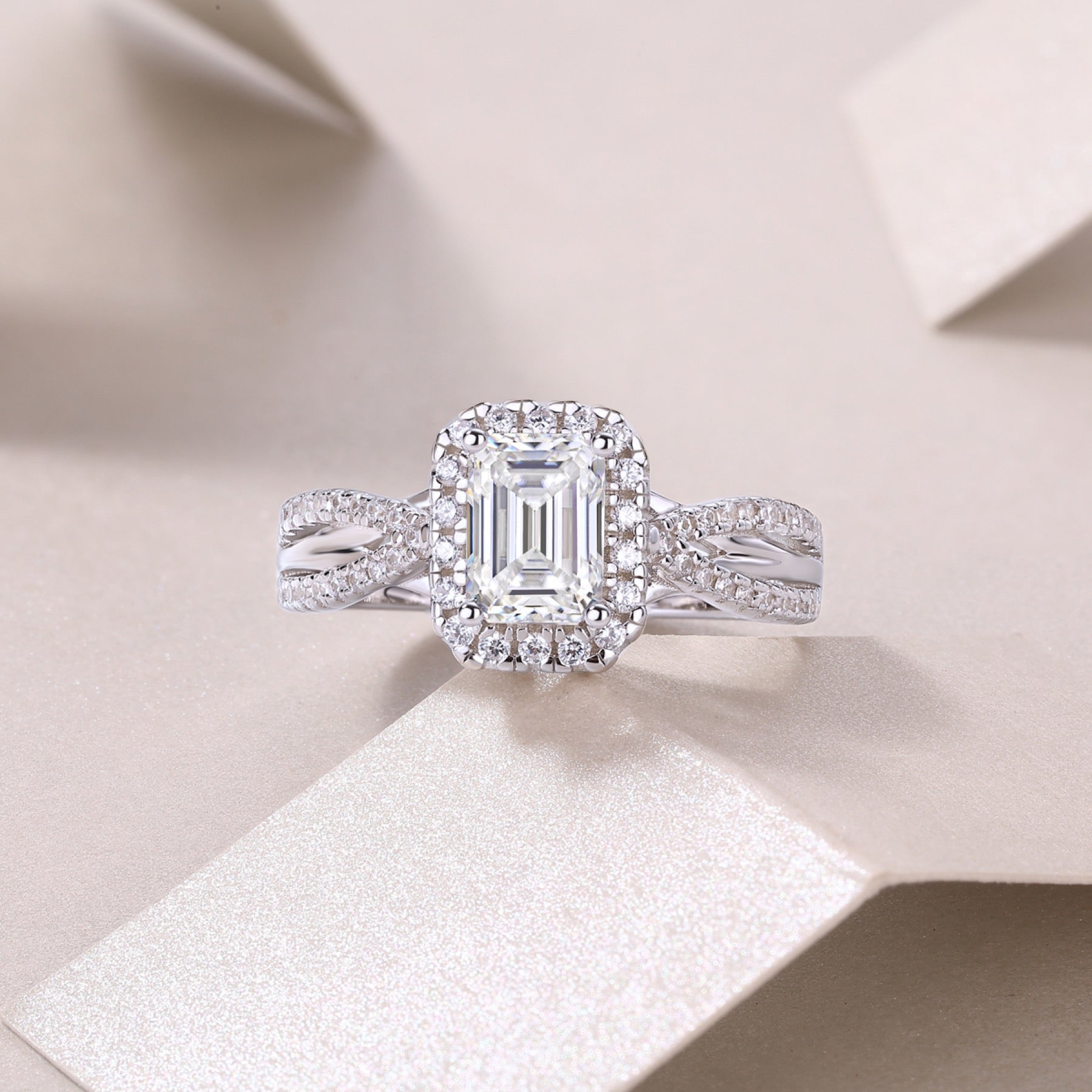 Daydream Emerald-Cut Moissanite Halo Ring in Sterling Silver