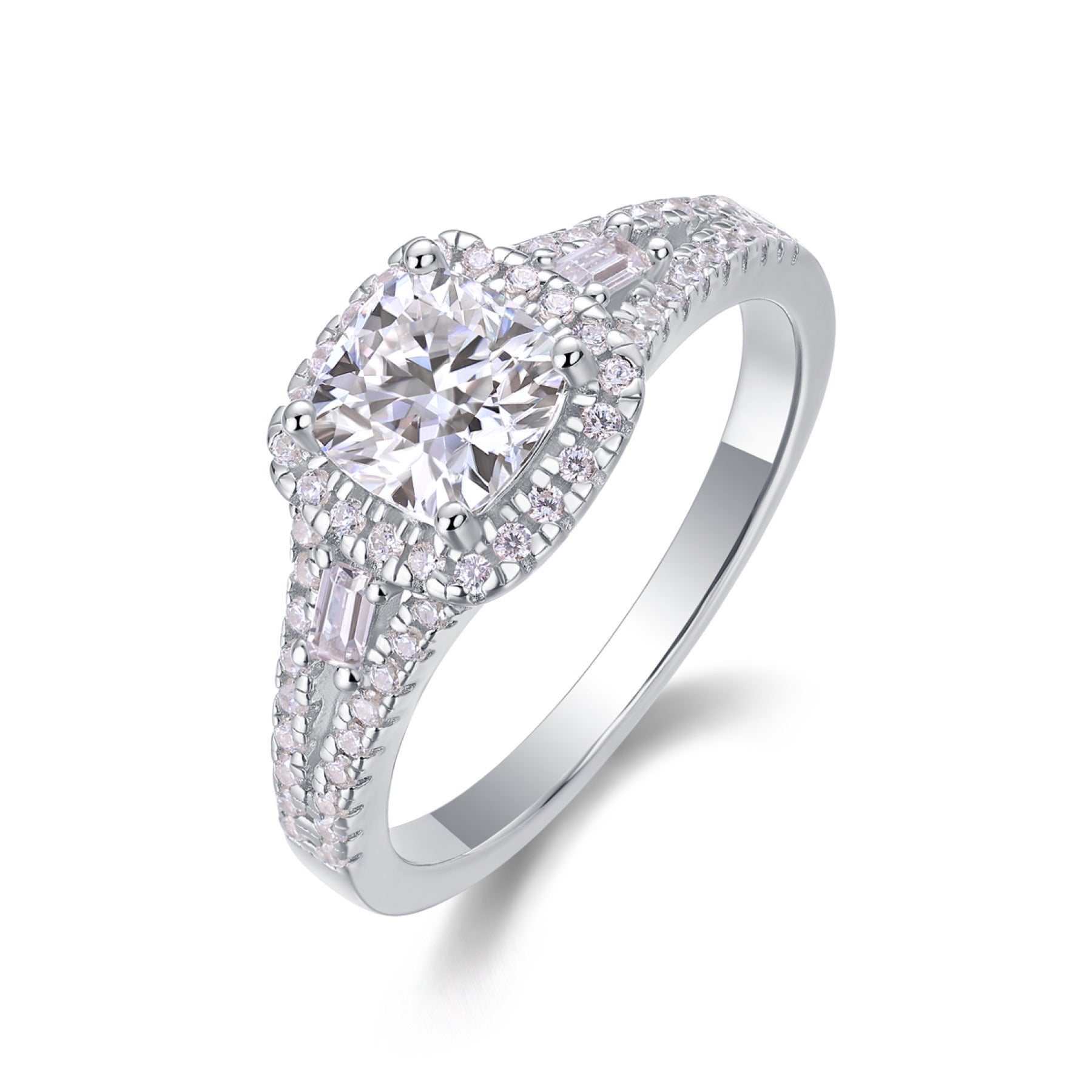 Evermore Cushion-Cut Moissanite Halo Ring in Sterling Silver