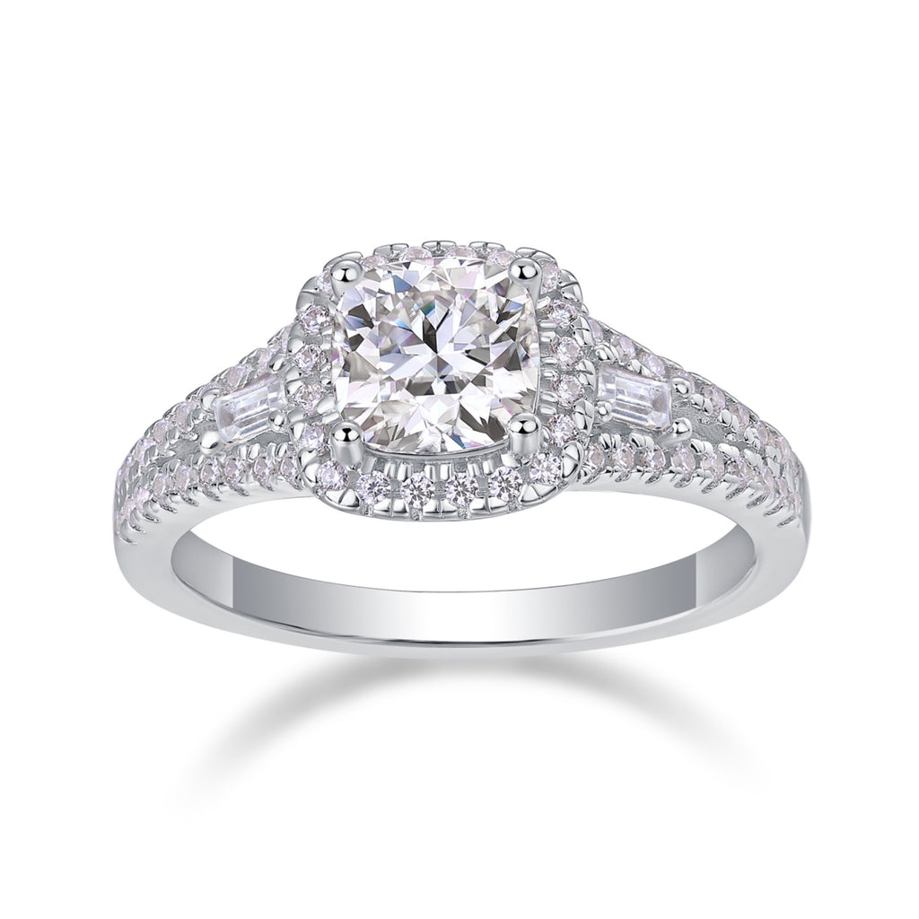 Evermore Cushion-Cut Moissanite Halo Ring in Sterling Silver