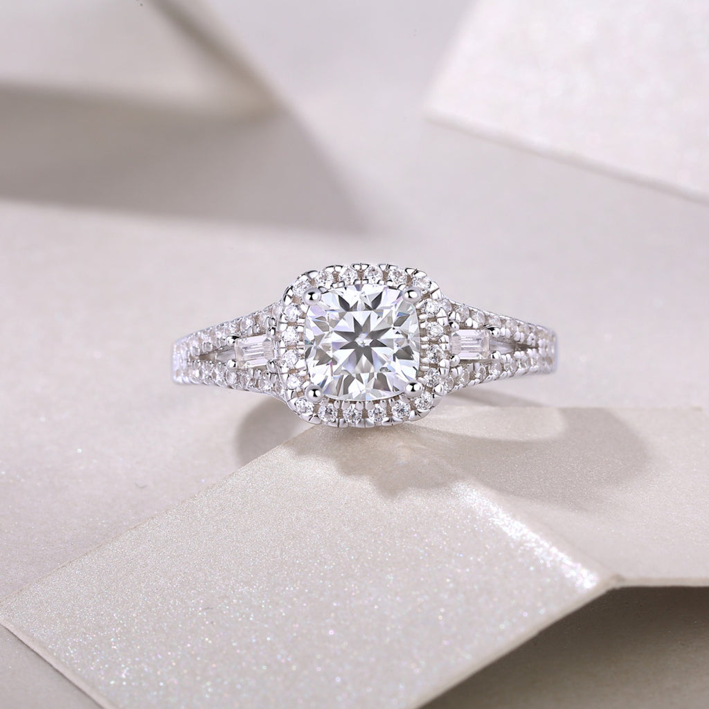 Evermore Cushion-Cut Moissanite Halo Ring in Sterling Silver