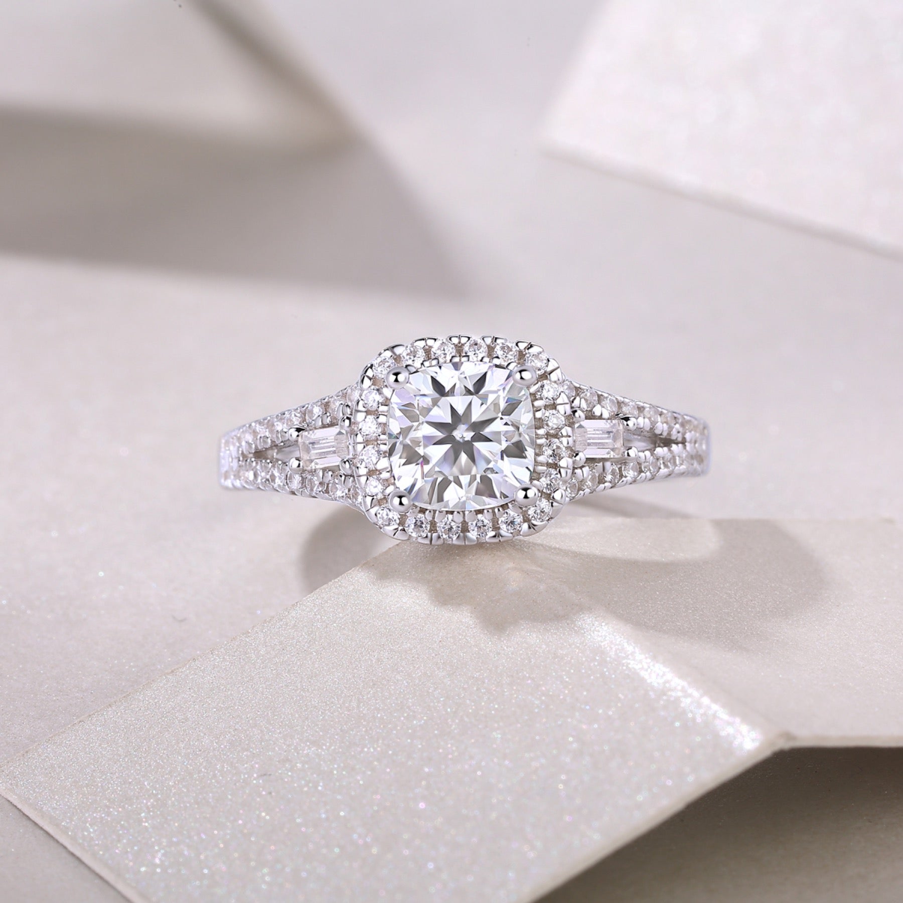 Evermore Cushion-Cut Moissanite Halo Ring in Sterling Silver