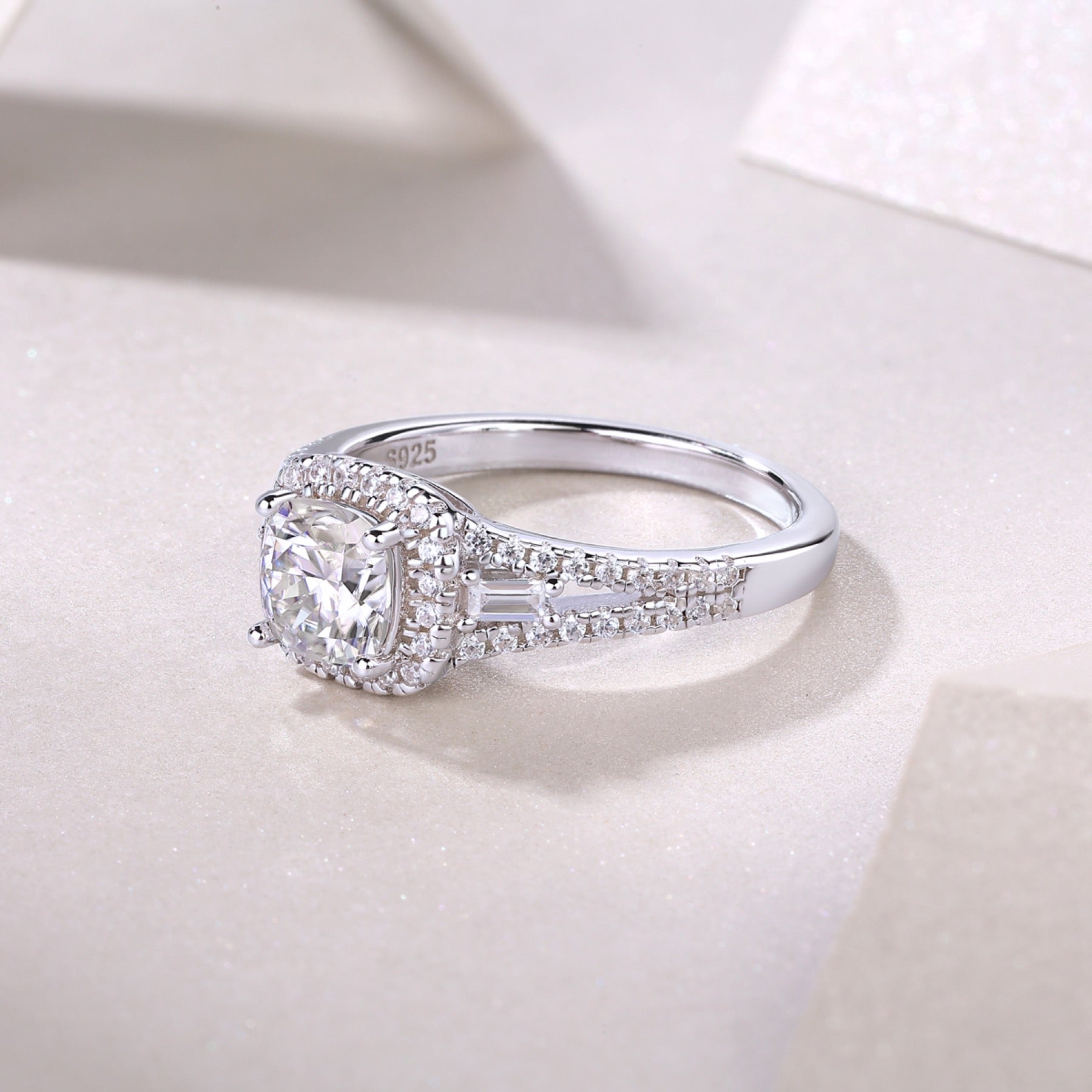 Evermore Cushion-Cut Moissanite Halo Ring in Sterling Silver