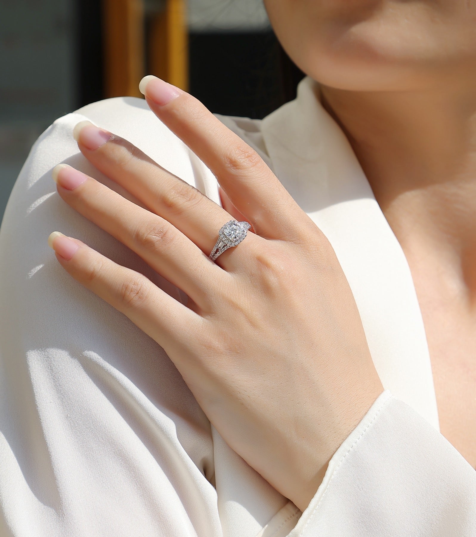 Evermore Cushion-Cut Moissanite Halo Ring in Sterling Silver