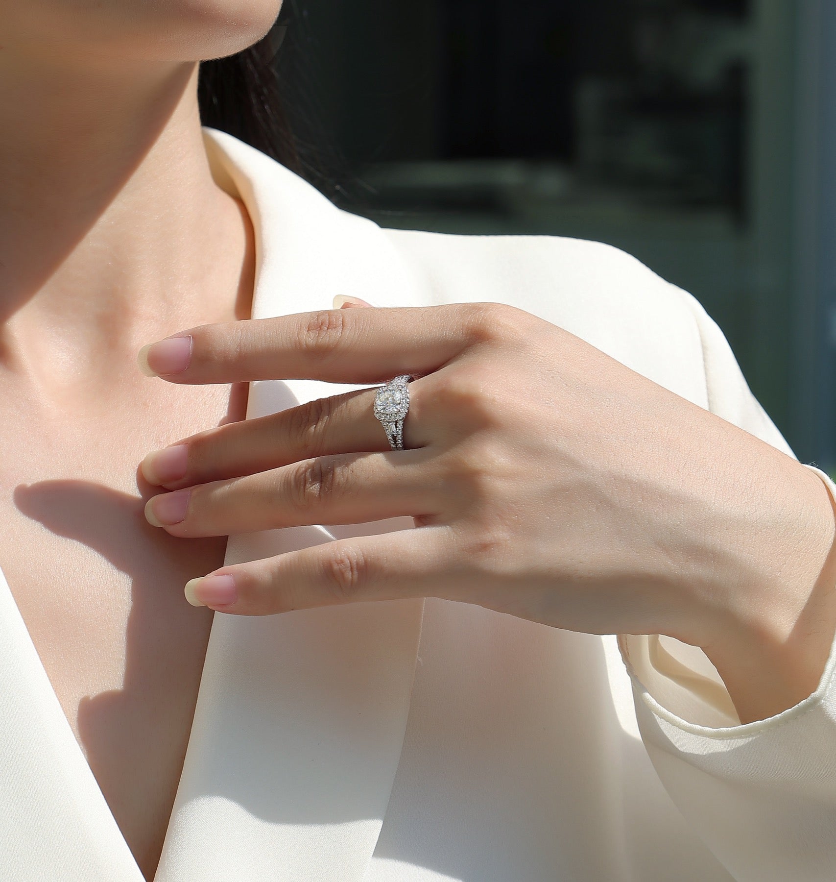 Evermore Cushion-Cut Moissanite Halo Ring in Sterling Silver