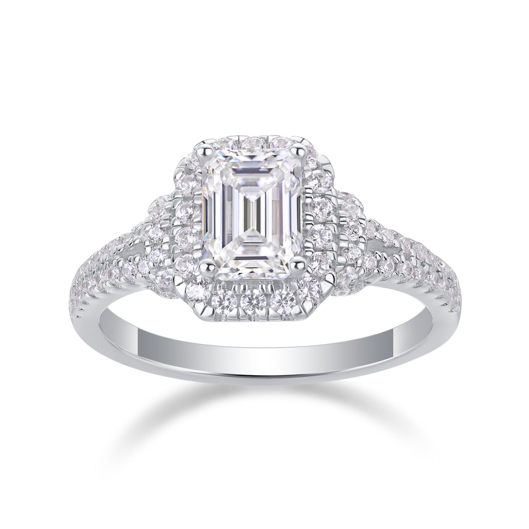 Cofanetto Emerald-Cut Moissanite Three-Stone Ring in Sterling Silver