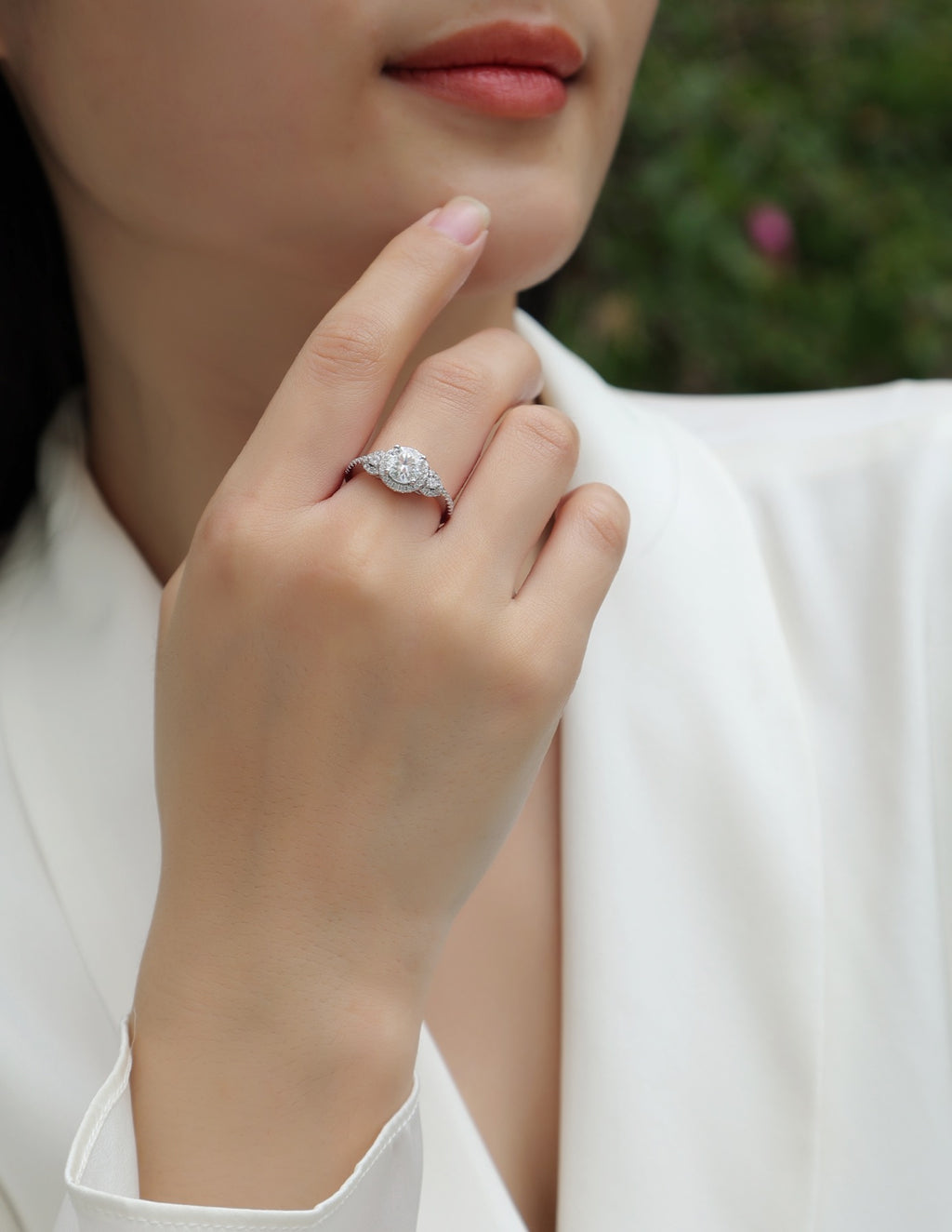 Baikal Moissanite Halo Ring in Sterling Silver