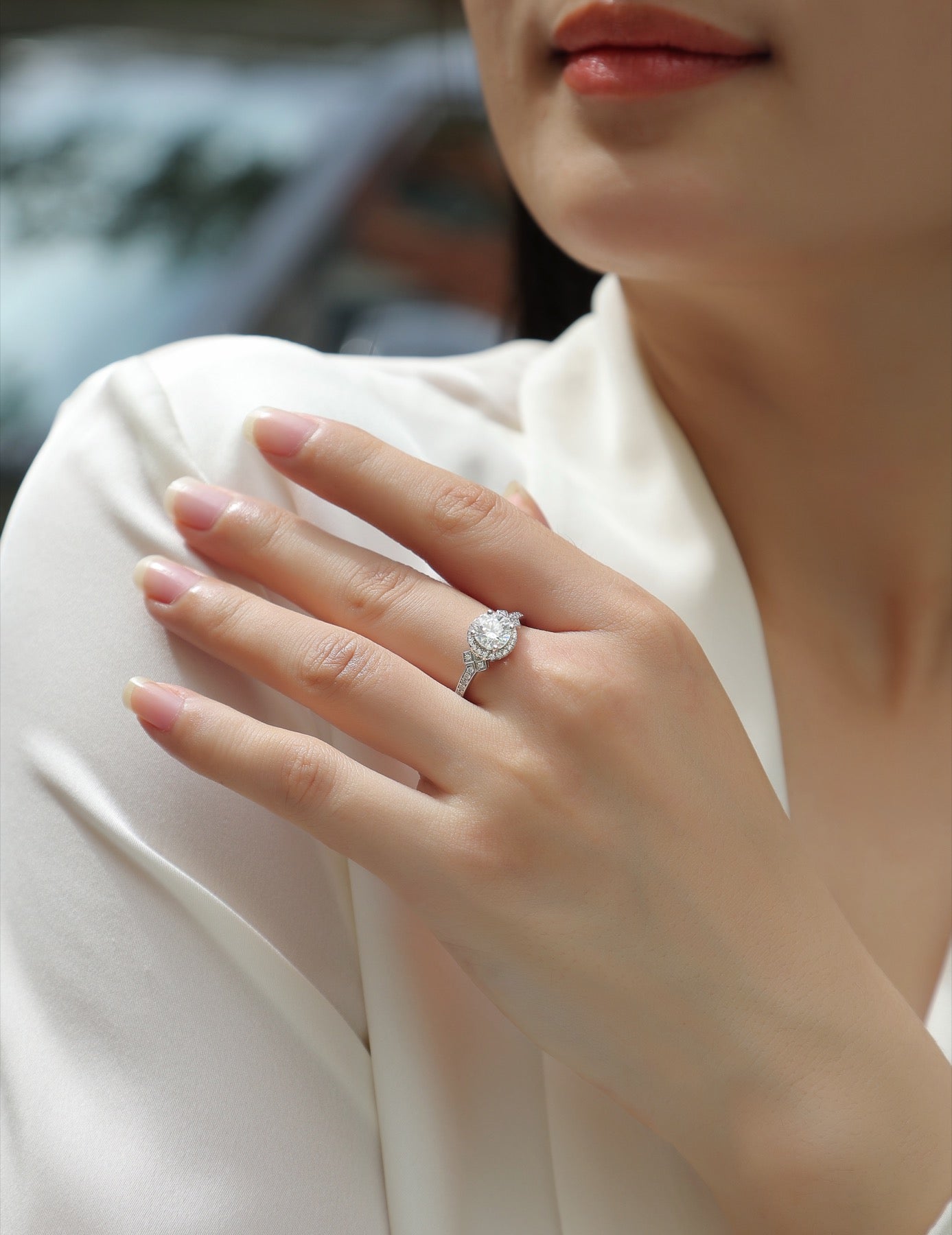 Faro Moissanite Halo Ring in Sterling Silver